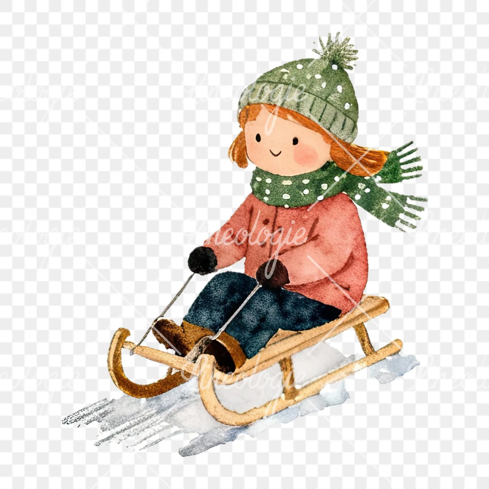 Watercolor Christmas children sledging clipart 8 of 9 on a transparent background (PNG)