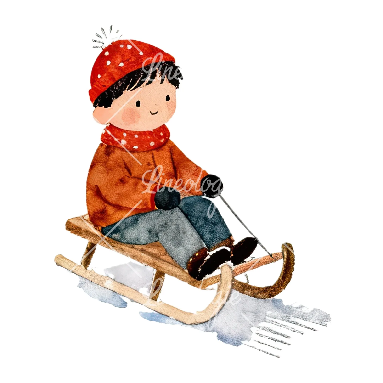 Watercolor Christmas children sledging clipart 9 of 9 on a white background (JPG)