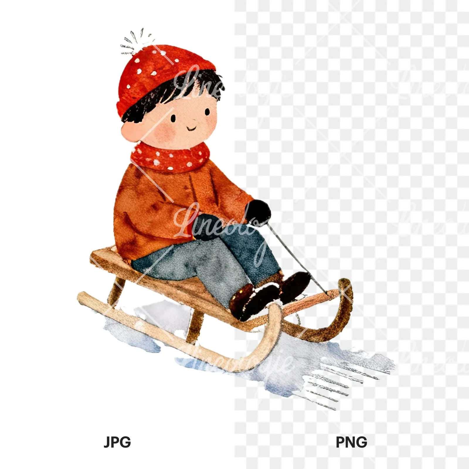 Watercolor Christmas children sledging clipart 9 of 9, as a JPG on white and a transparent PNG