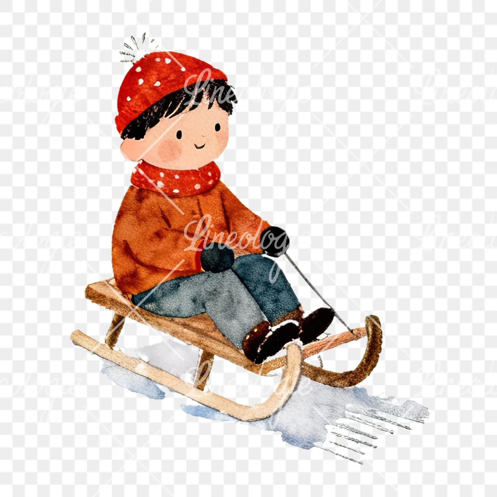 Watercolor Christmas children sledging clipart 9 of 9 on a transparent background (PNG)