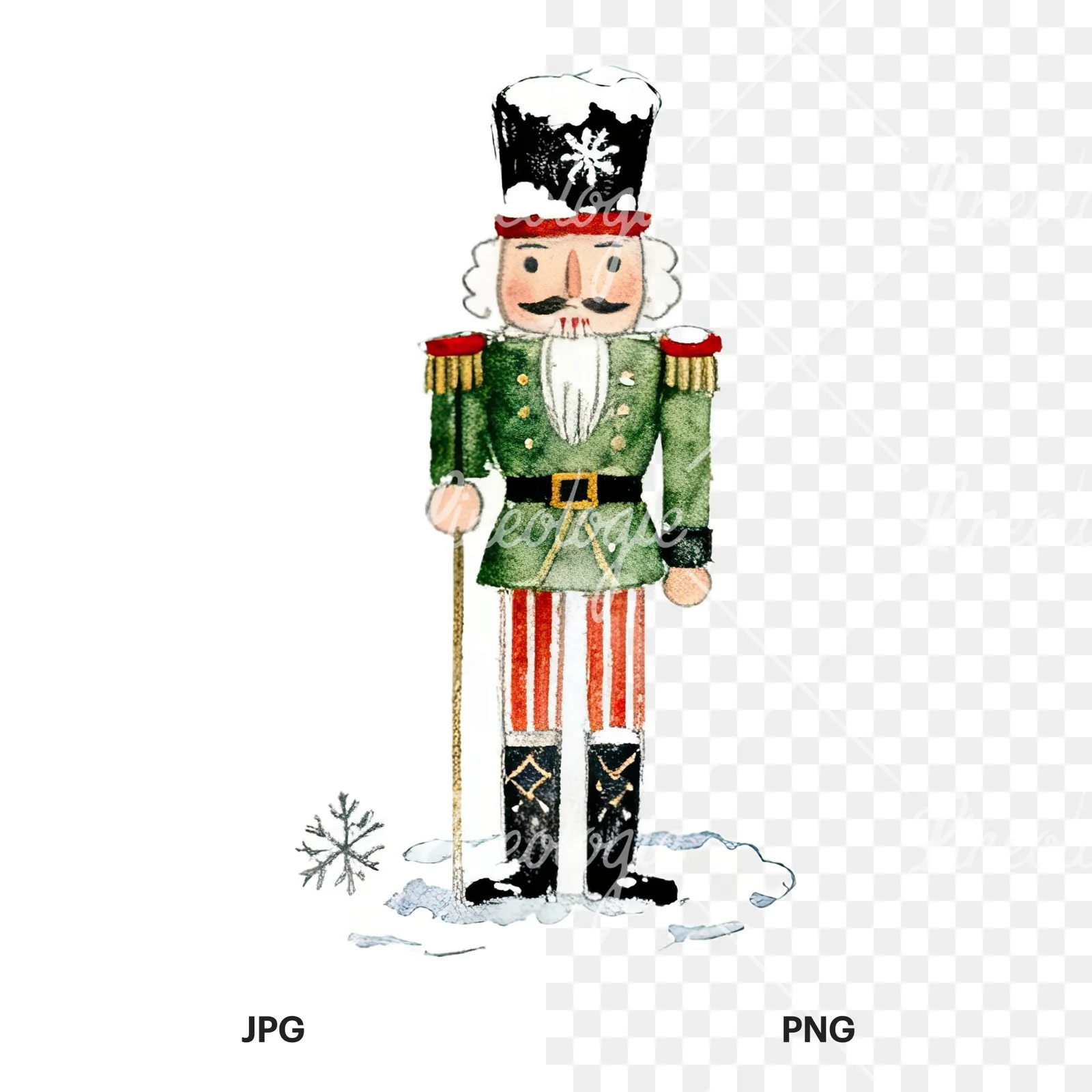 Watercolor Christmas nutcracker soldier clipart 1 of 9, as a JPG on white and a transparent PNG