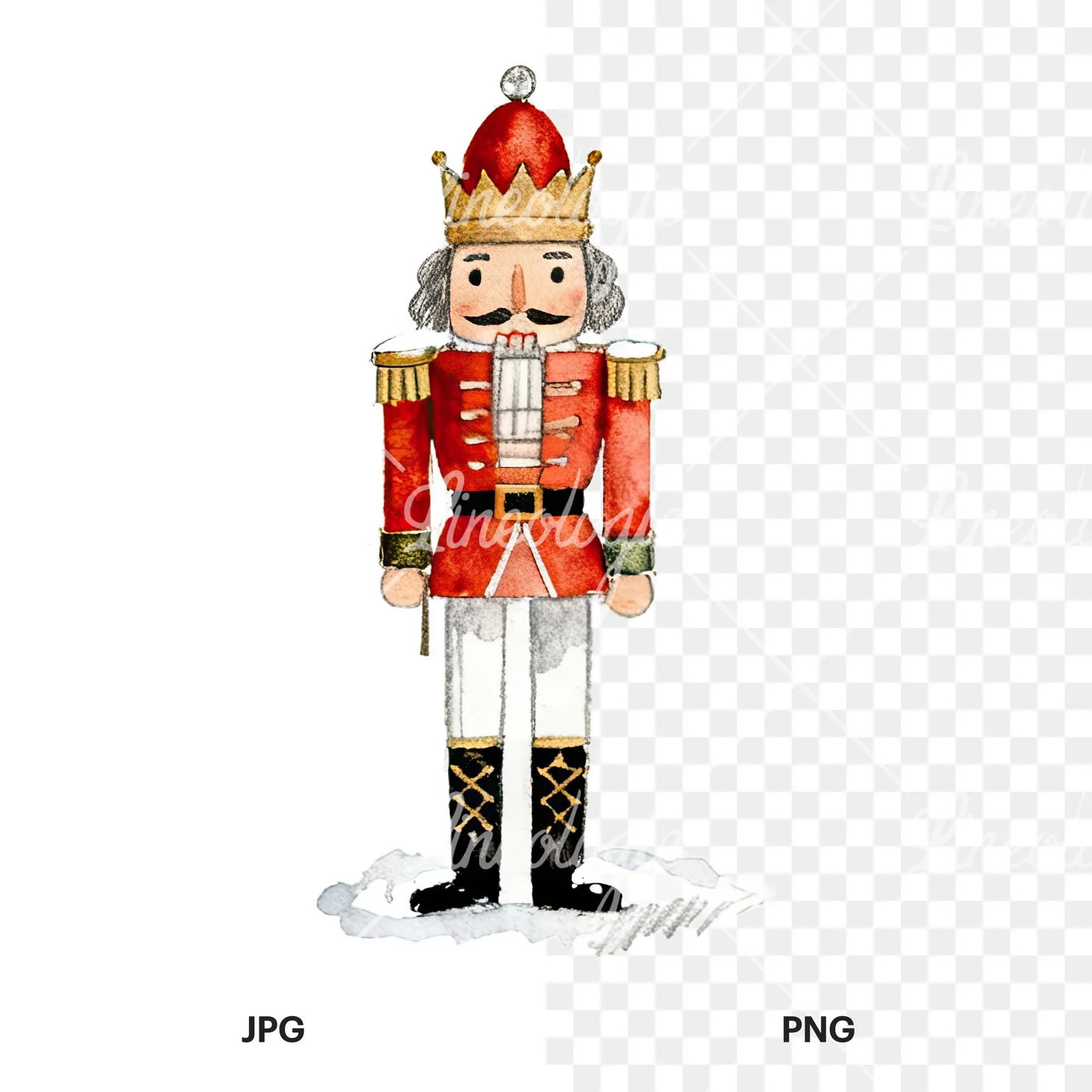 Watercolor Christmas nutcracker soldier clipart 2 of 9, as a JPG on white and a transparent PNG