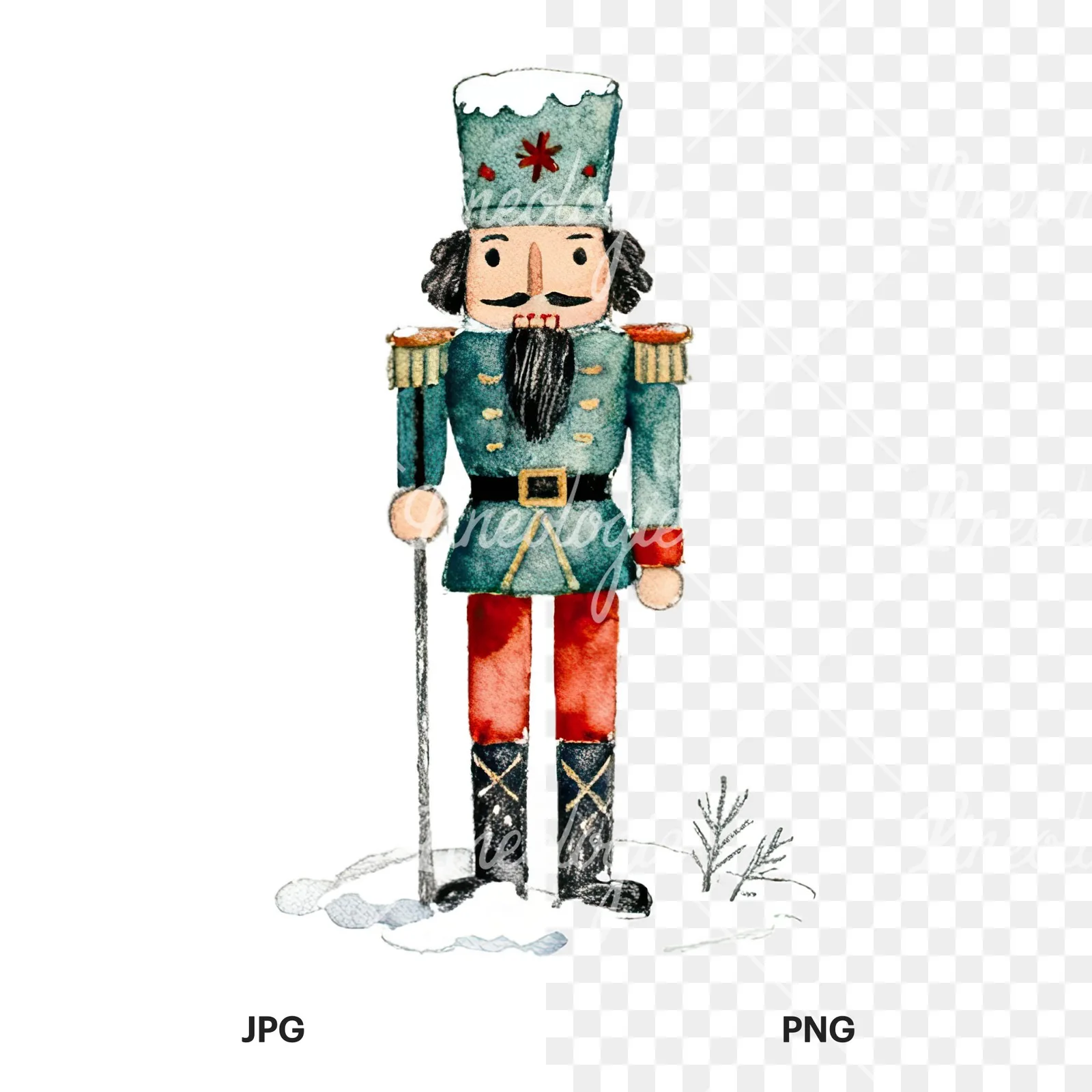 Watercolor Christmas nutcracker soldier clipart 3 of 9, as a JPG on white and a transparent PNG