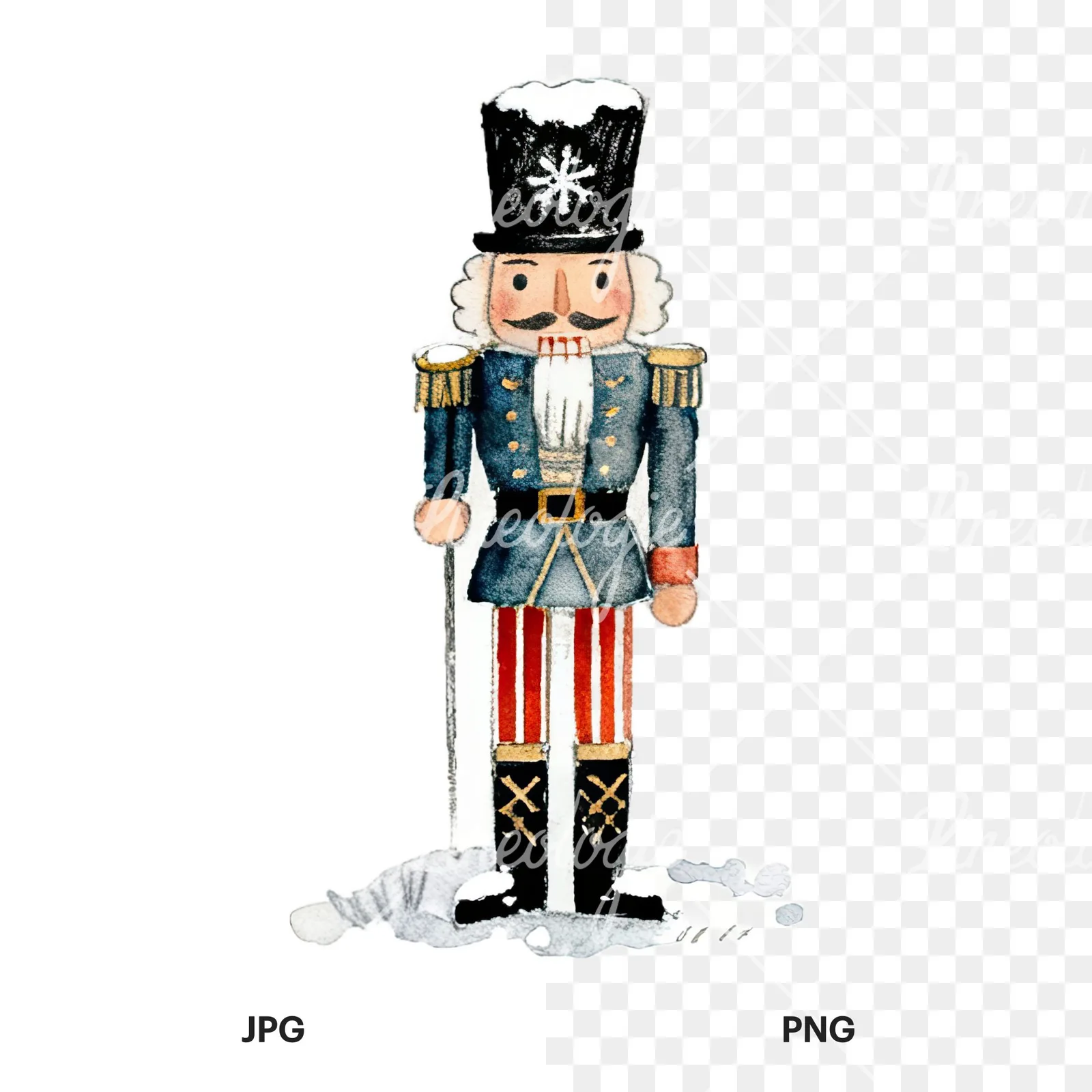 Watercolor Christmas nutcracker soldier clipart 4 of 9, as a JPG on white and a transparent PNG