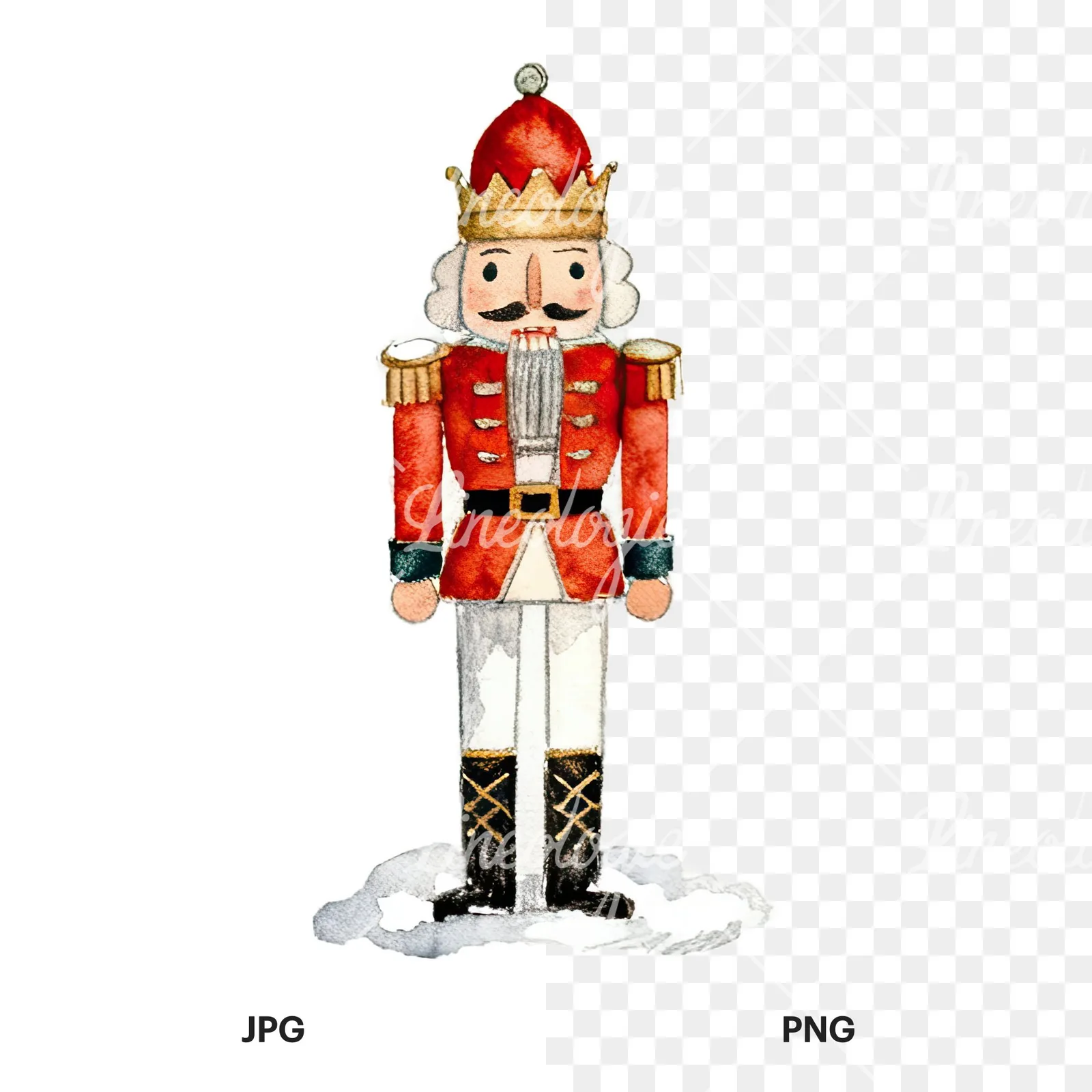 Watercolor Christmas nutcracker soldier clipart 5 of 9, as a JPG on white and a transparent PNG