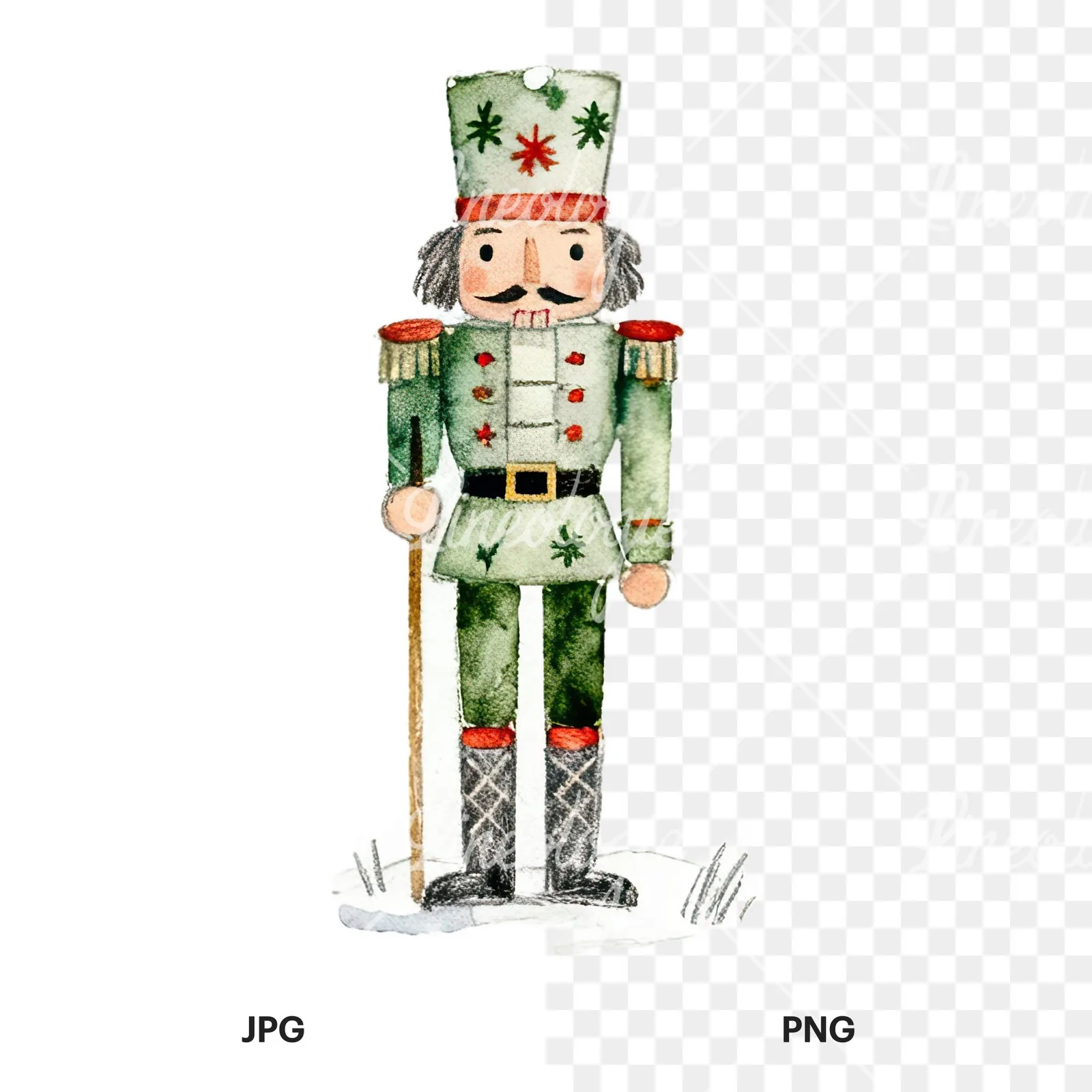 Watercolor Christmas nutcracker soldier clipart 6 of 9, as a JPG on white and a transparent PNG