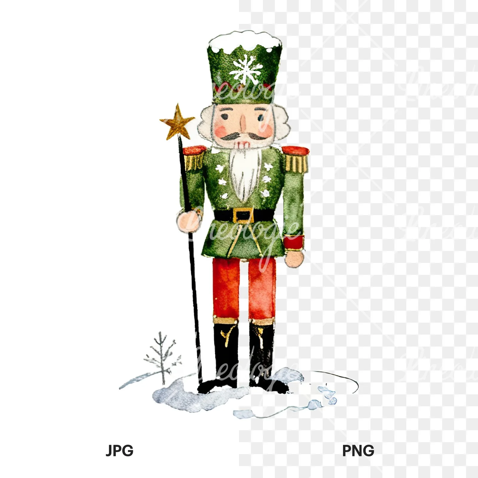 Watercolor Christmas nutcracker soldier clipart 7 of 9, as a JPG on white and a transparent PNG