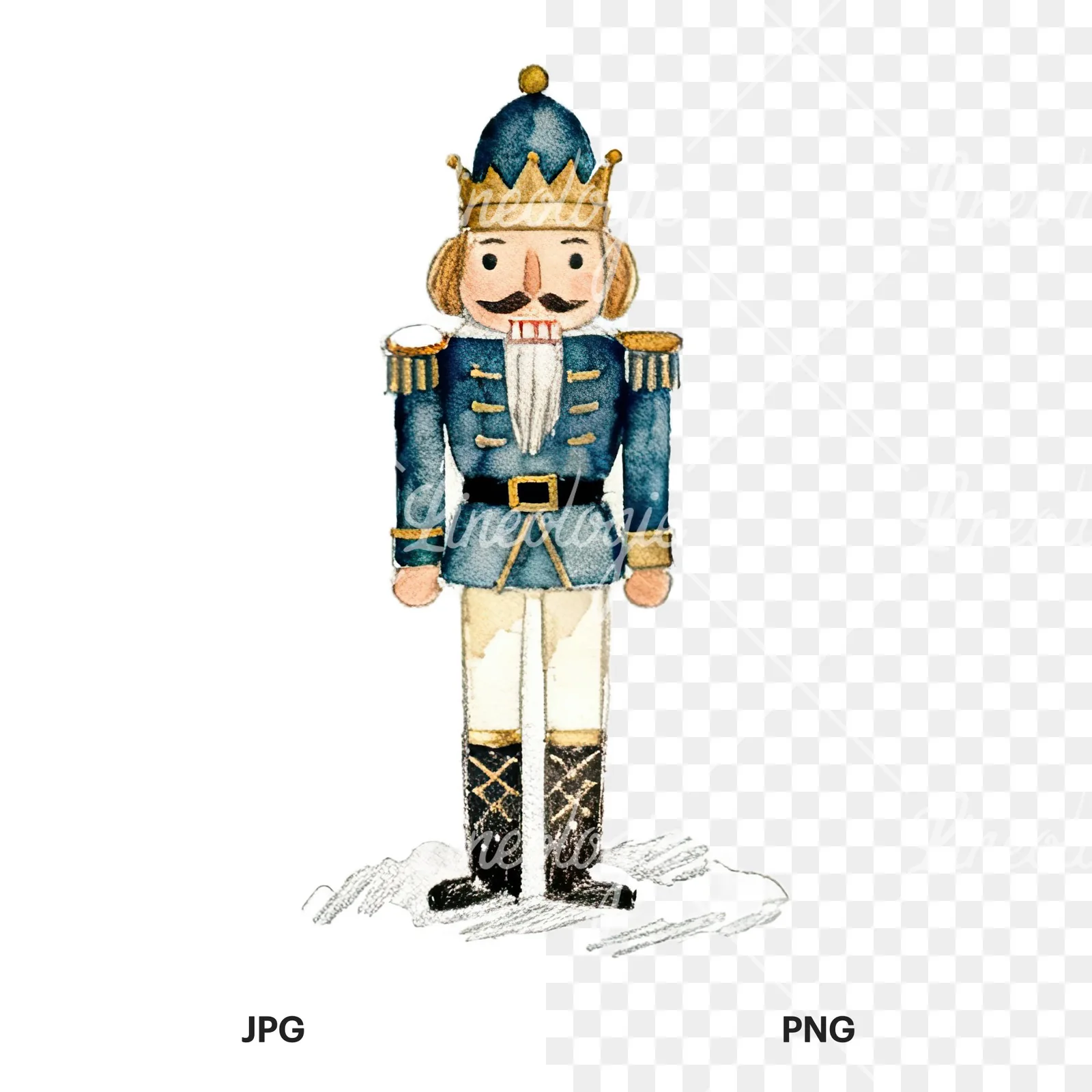 Watercolor Christmas nutcracker soldier clipart 8 of 9, as a JPG on white and a transparent PNG