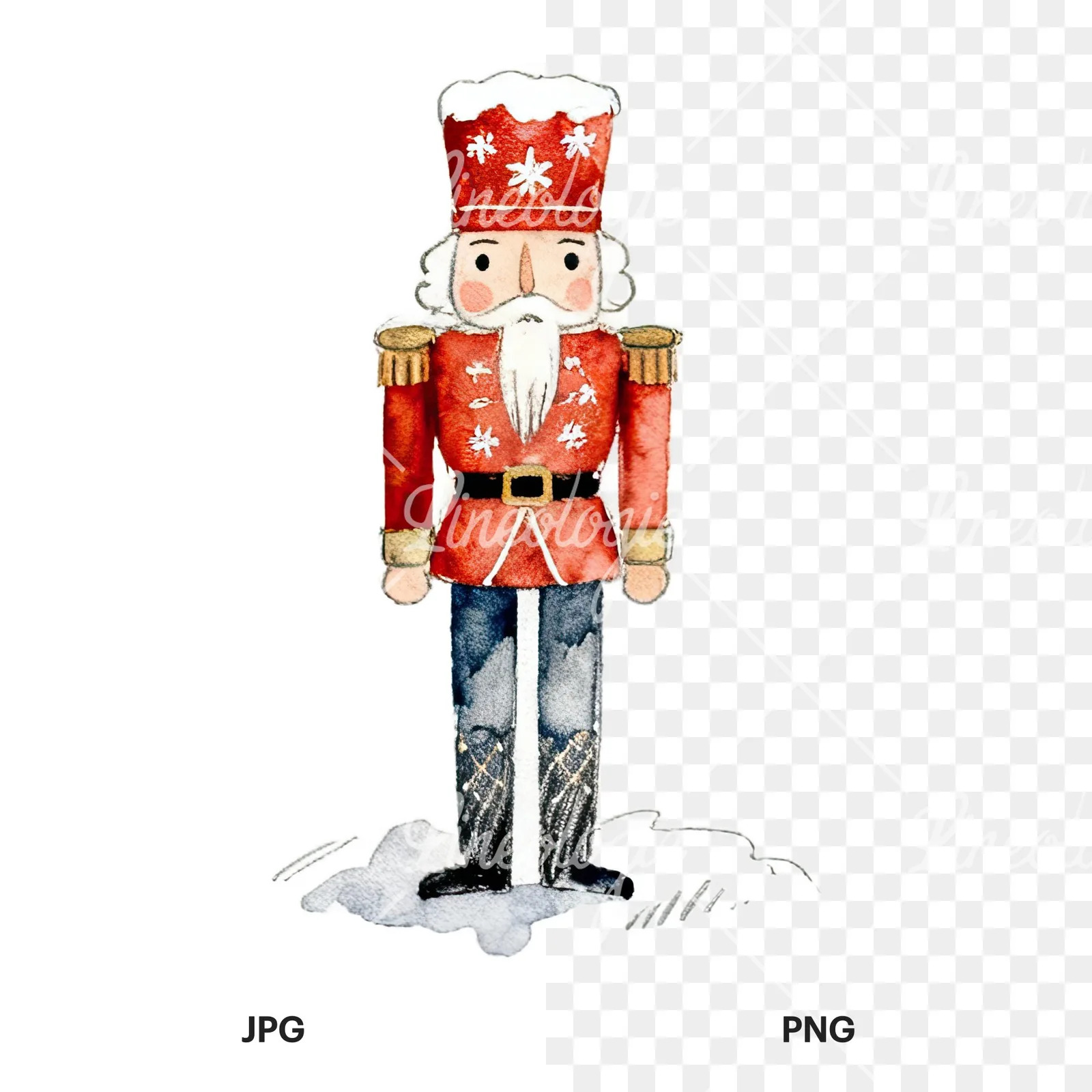 Watercolor Christmas nutcracker soldier clipart 9 of 9, as a JPG on white and a transparent PNG
