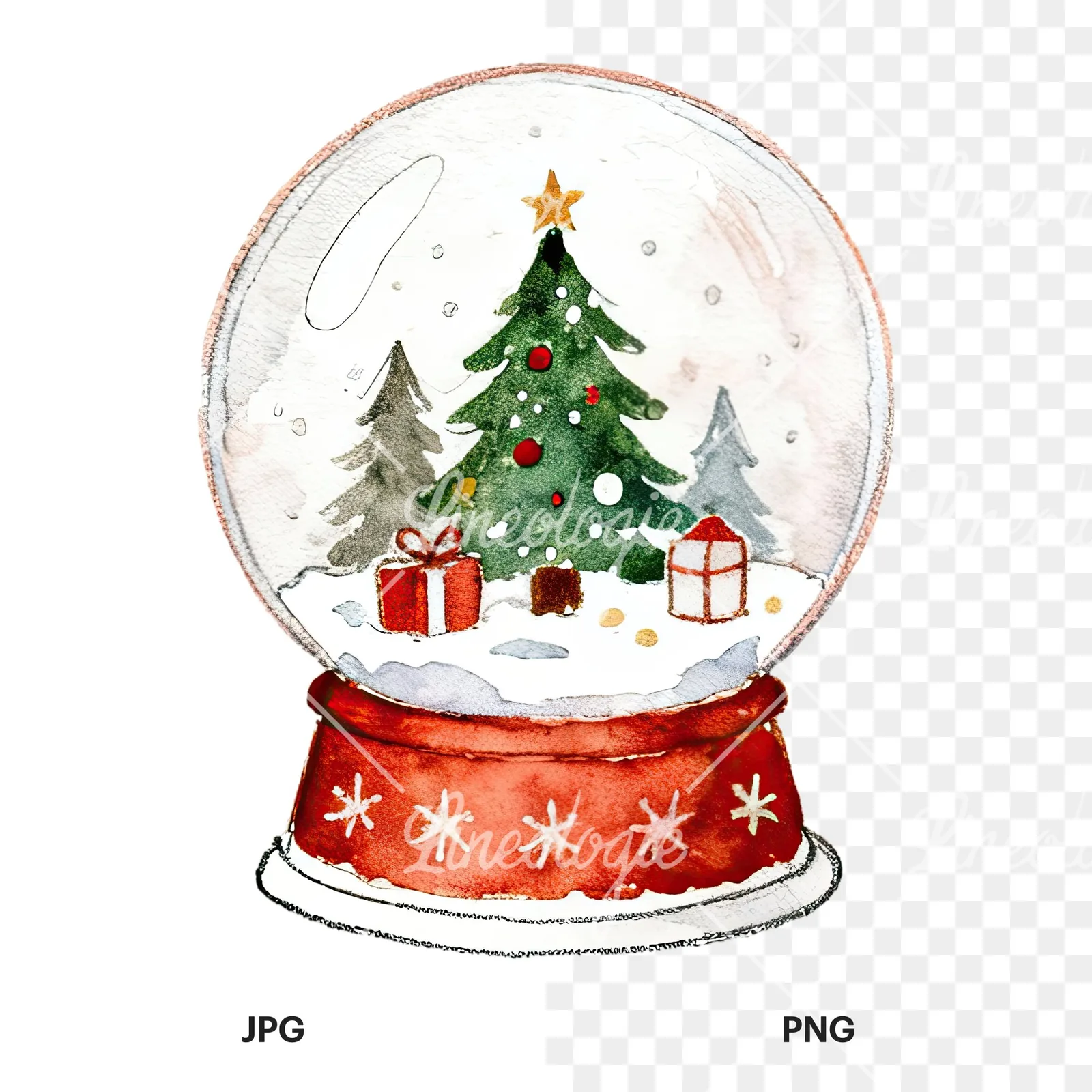Watercolor Christmas snow globe clipart 1 of 9, as a JPG on white and a transparent PNG