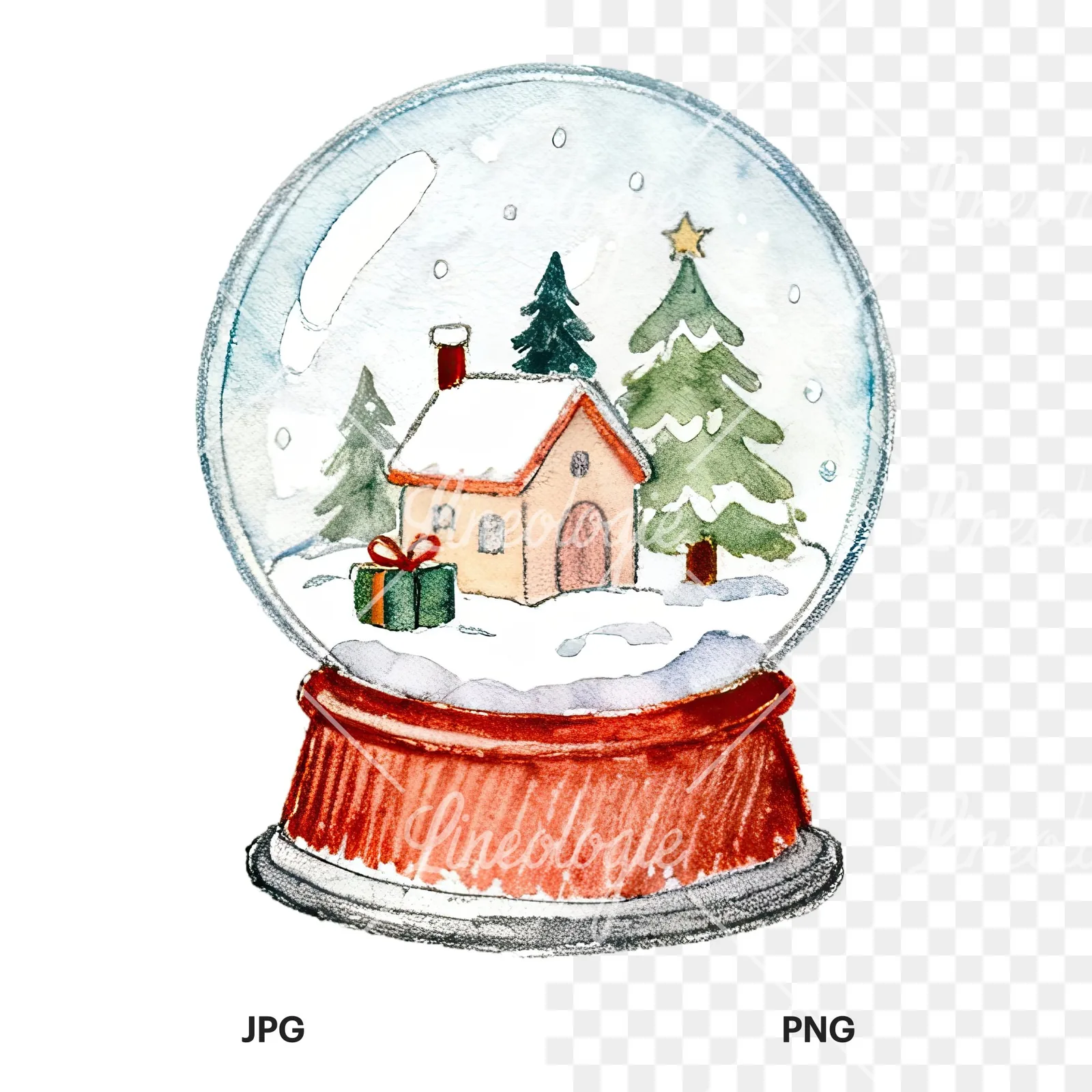 Watercolor Christmas snow globe clipart 4 of 9, as a JPG on white and a transparent PNG