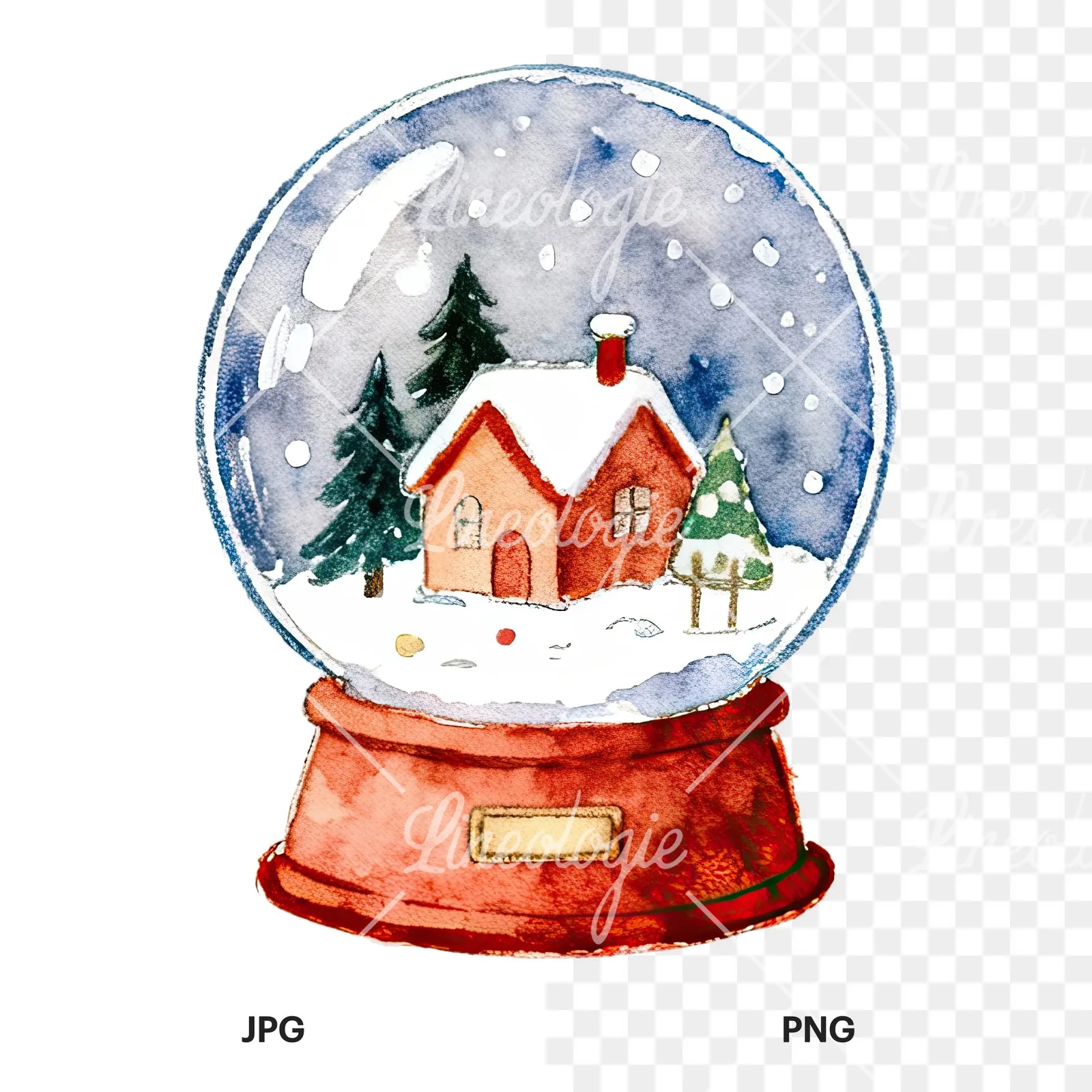 Watercolor Christmas snow globe clipart 6 of 9, as a JPG on white and a transparent PNG