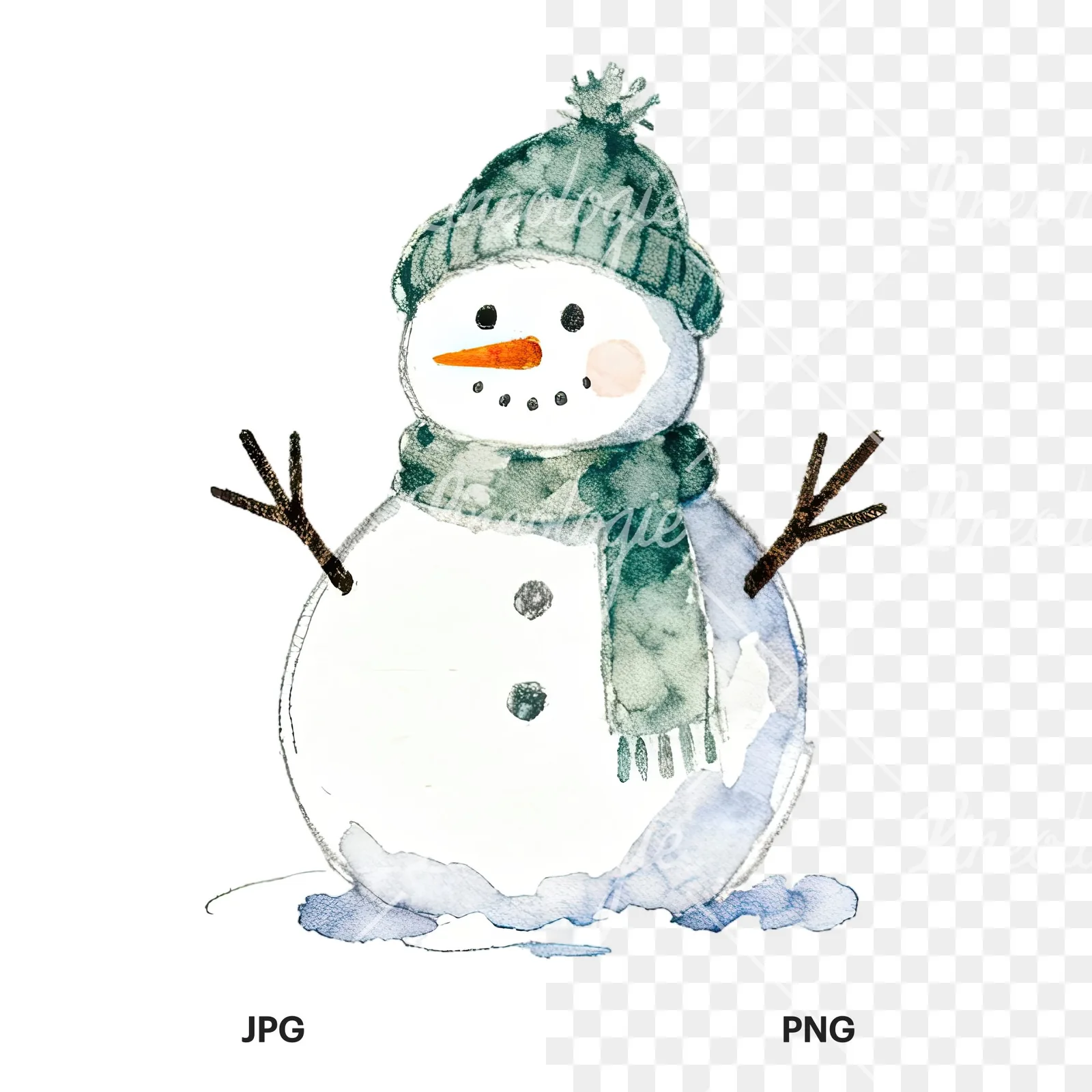 Watercolor Christmas snowman clipart 3 of 9, as a JPG on white and a transparent PNG