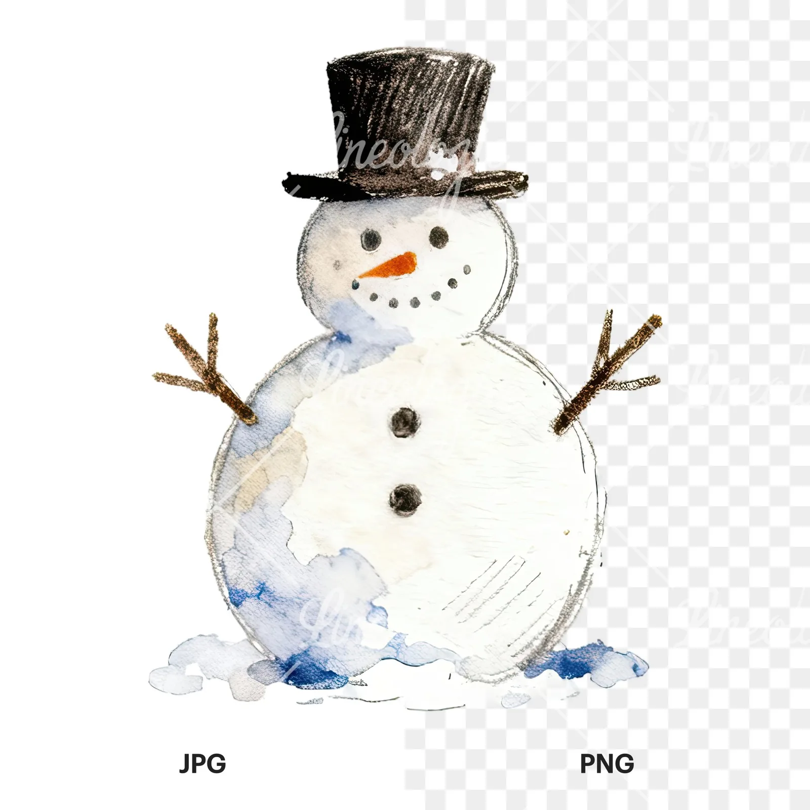 Watercolor Christmas snowman clipart 5 of 9, as a JPG on white and a transparent PNG