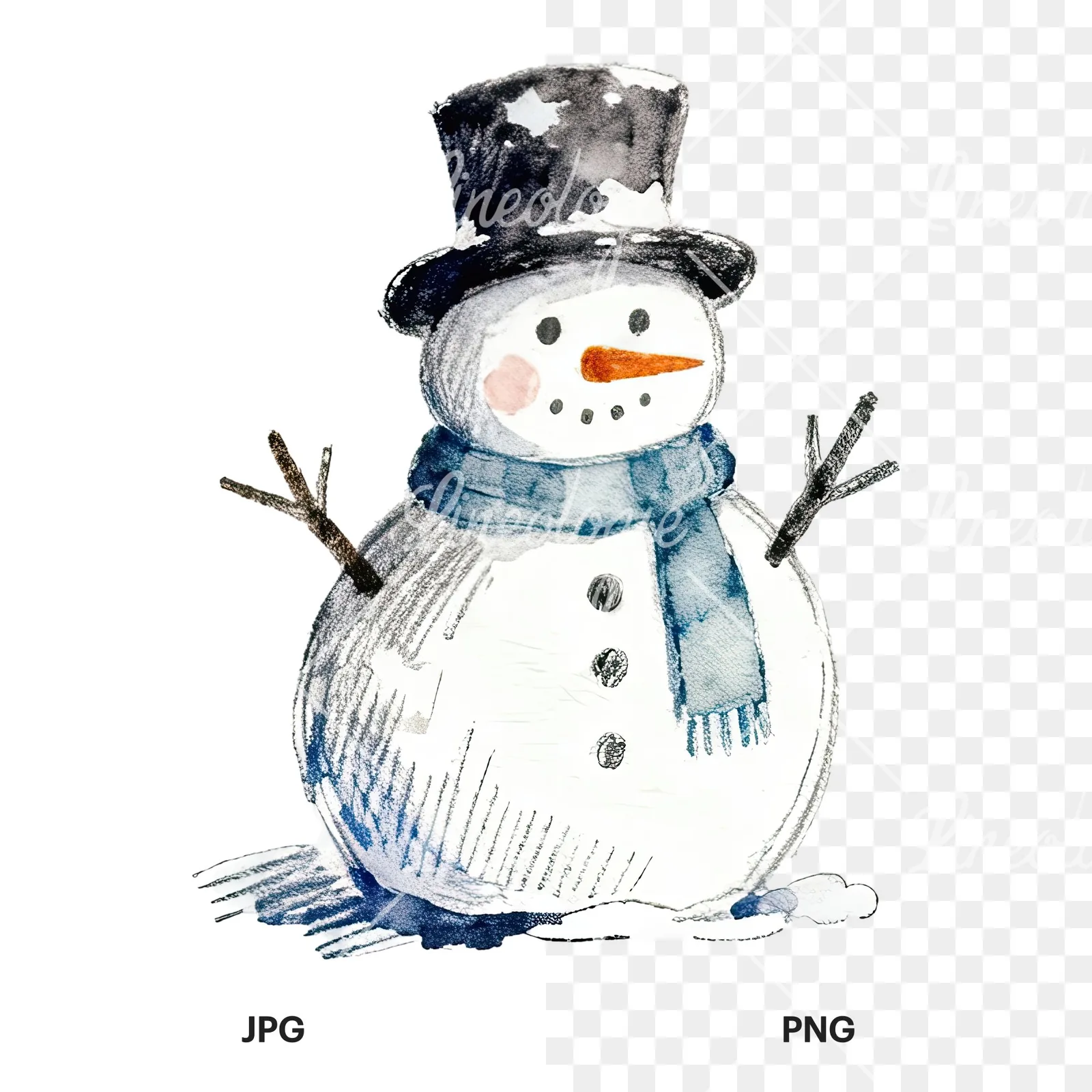 Watercolor Christmas snowman clipart 7 of 9, as a JPG on white and a transparent PNG