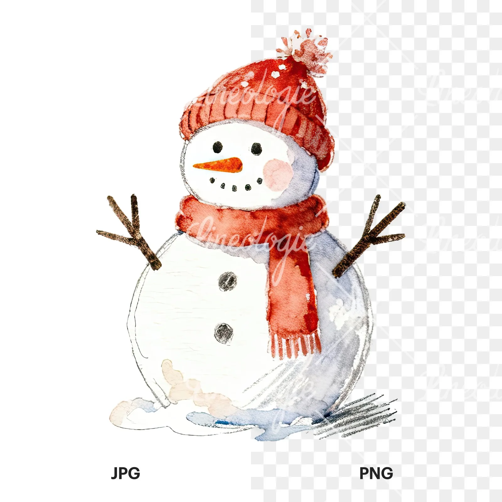 Watercolor Christmas snowman clipart 9 of 9, as a JPG on white and a transparent PNG