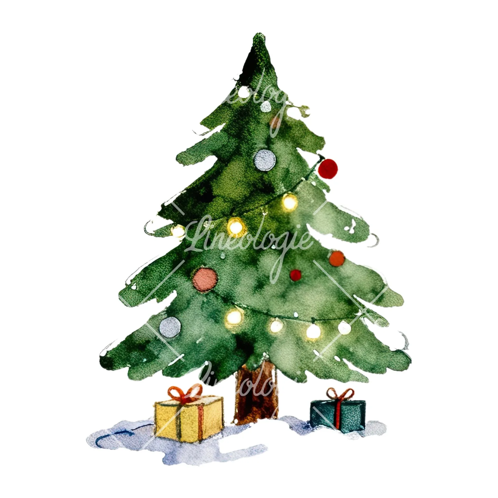Watercolor Christmas tree with presents clipart 1 of 9 on a white background (JPG)
