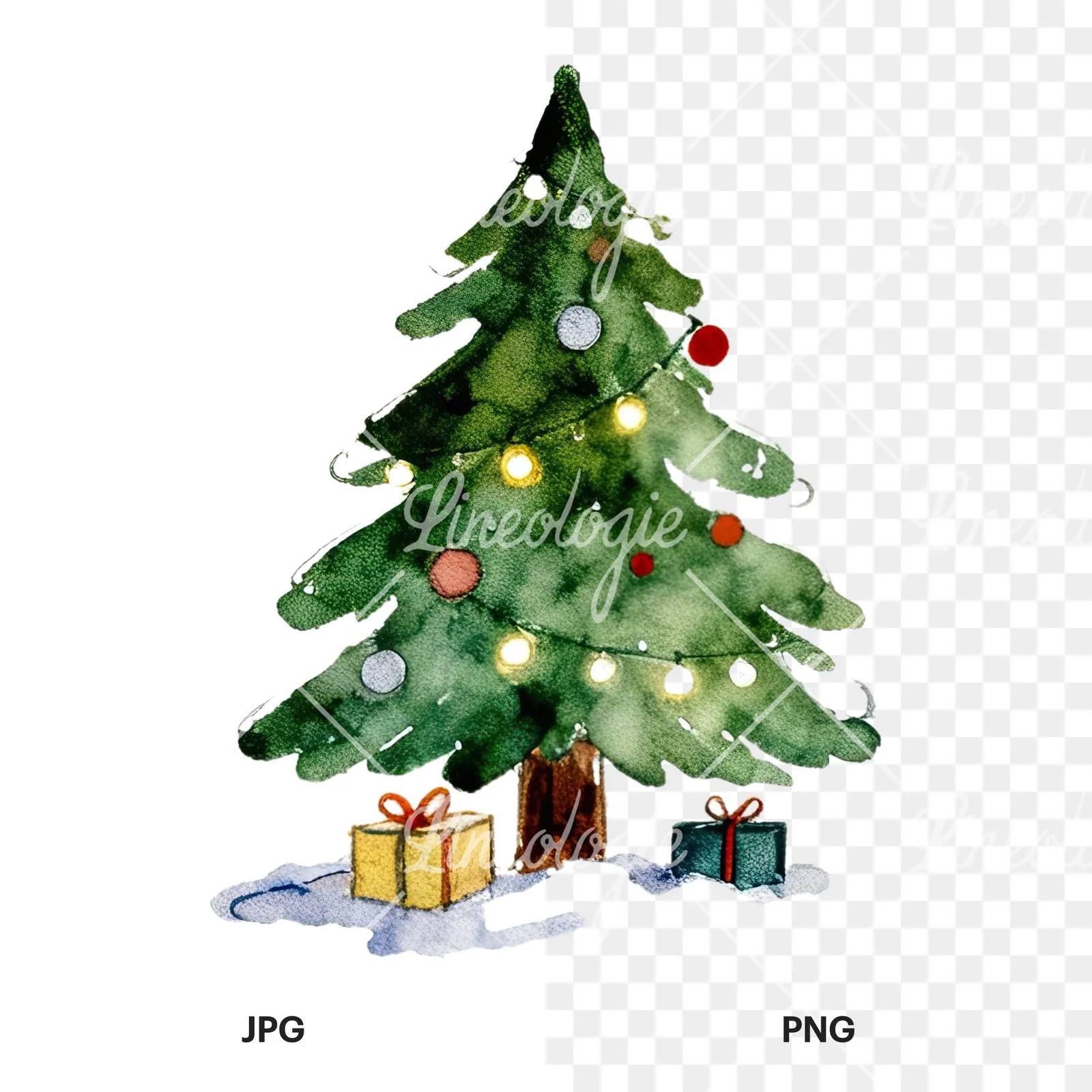 Watercolor Christmas tree with presents clipart 1 of 9, as a JPG on white and a transparent PNG