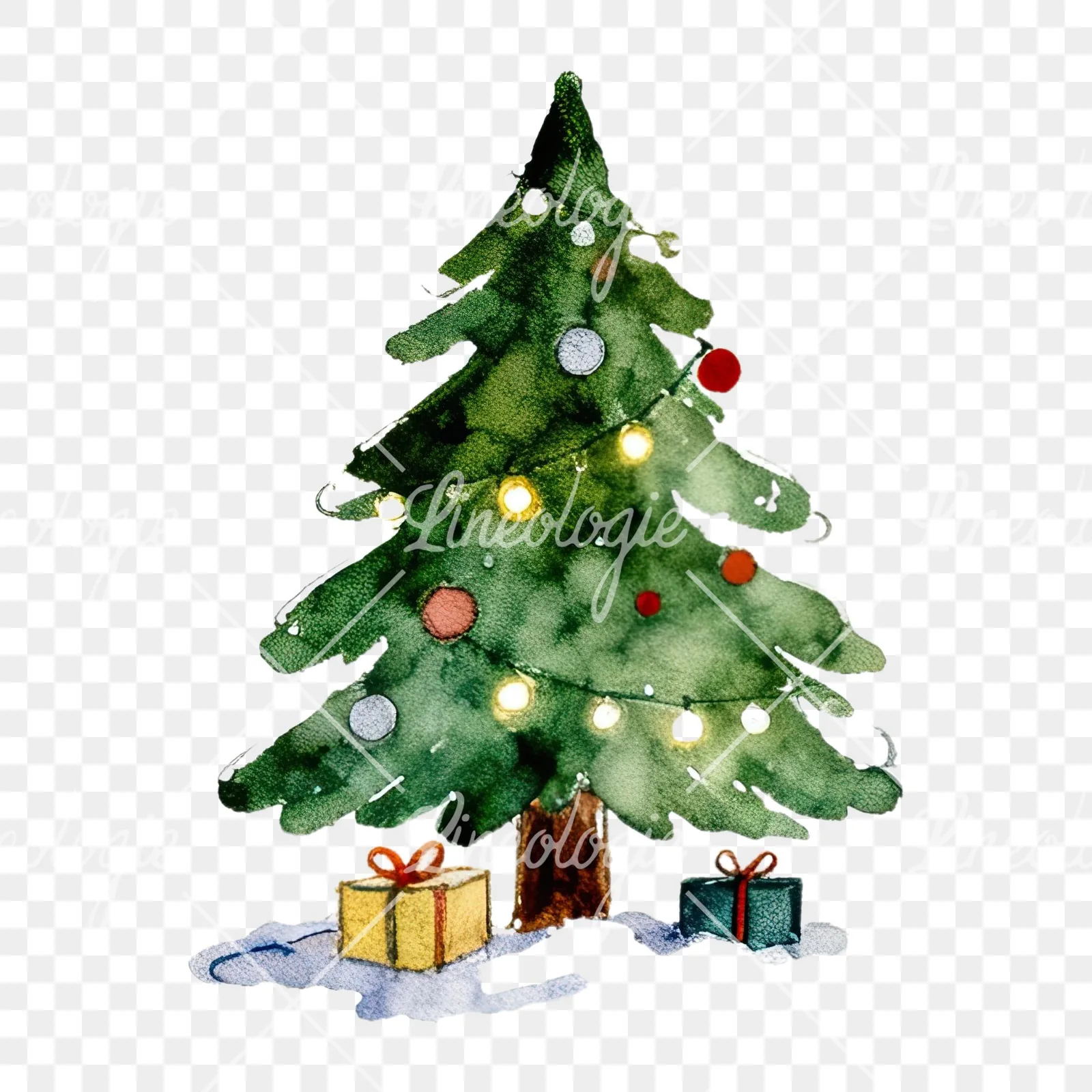 Watercolor Christmas tree with presents clipart 1 of 9 on a transparent background (PNG)