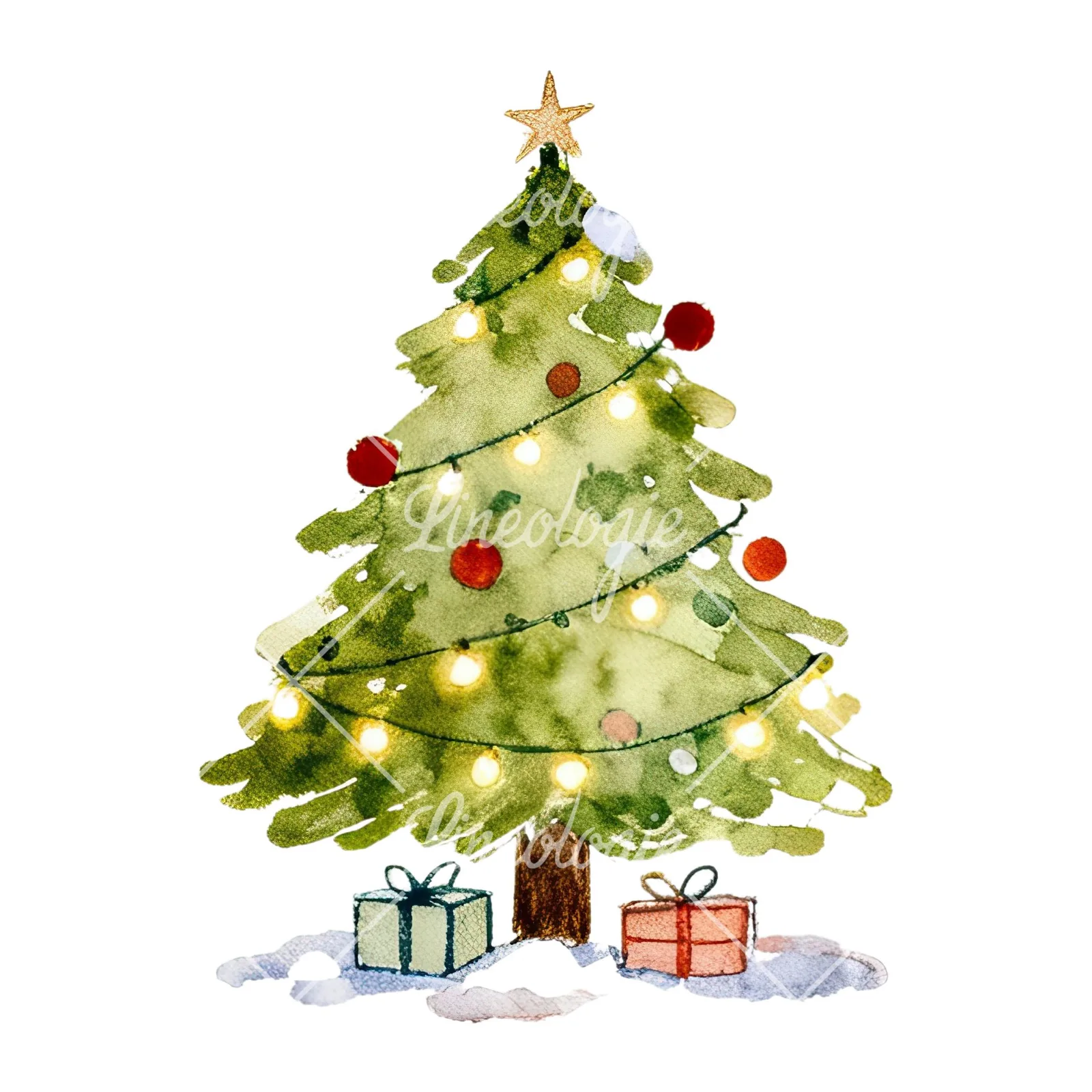 Watercolor Christmas tree with presents clipart 2 of 9 on a white background (JPG)