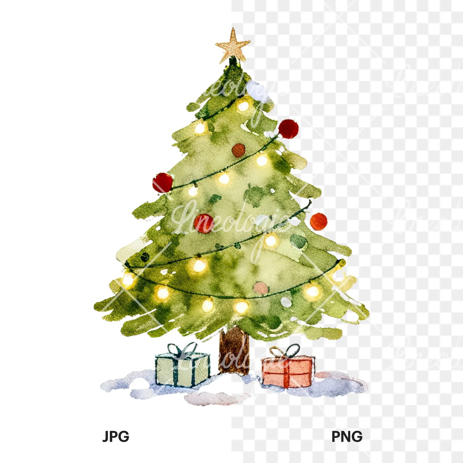 Watercolor Christmas tree with presents clipart 2 of 9, as a JPG on white and a transparent PNG