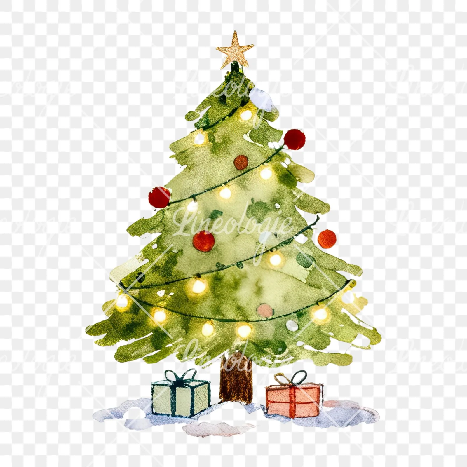 Watercolor Christmas tree with presents clipart 2 of 9 on a transparent background (PNG)