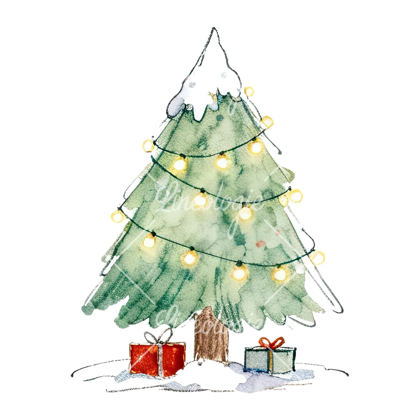 Watercolor Christmas tree with presents clipart 3 of 9 on a white background (JPG)