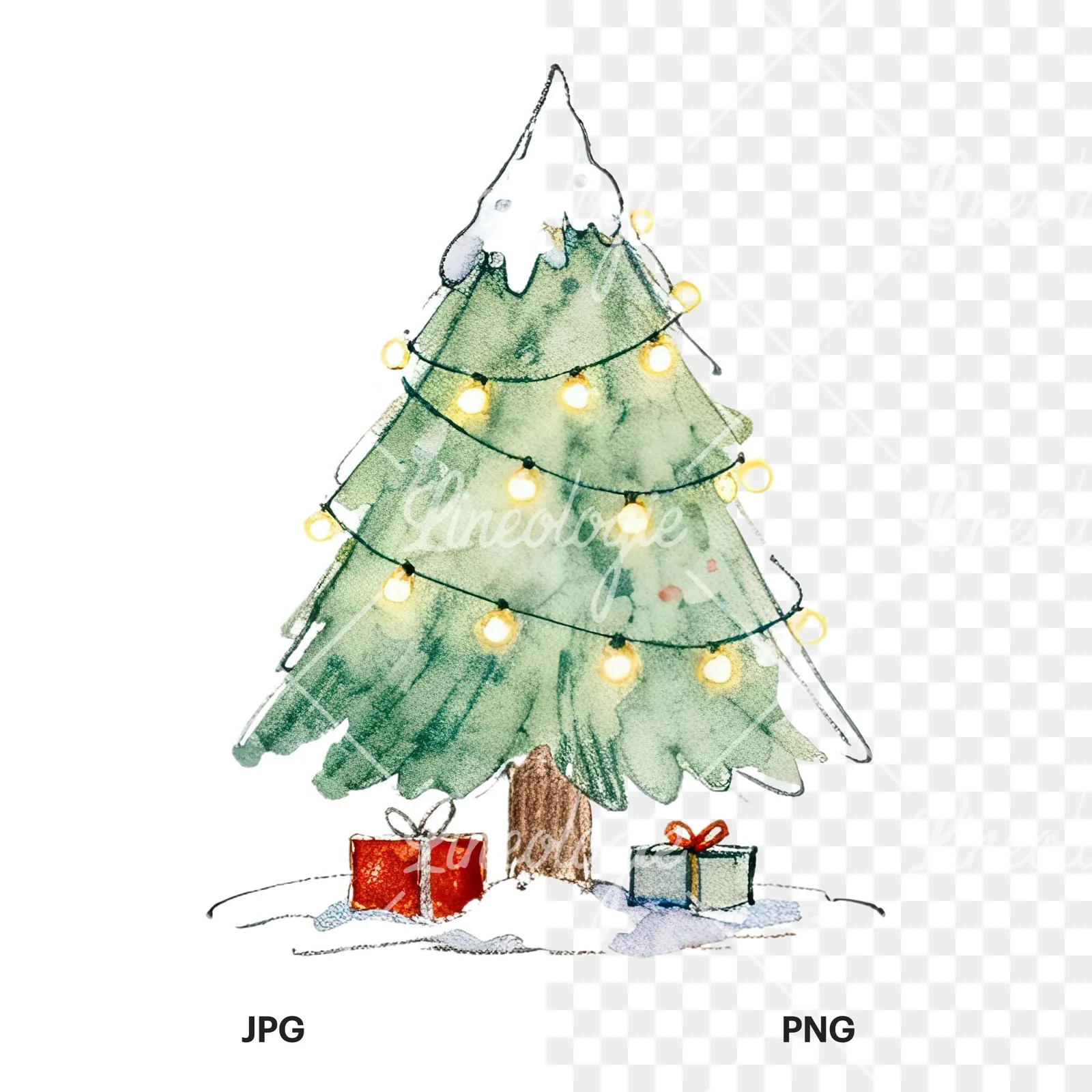 Watercolor Christmas tree with presents clipart 3 of 9, as a JPG on white and a transparent PNG