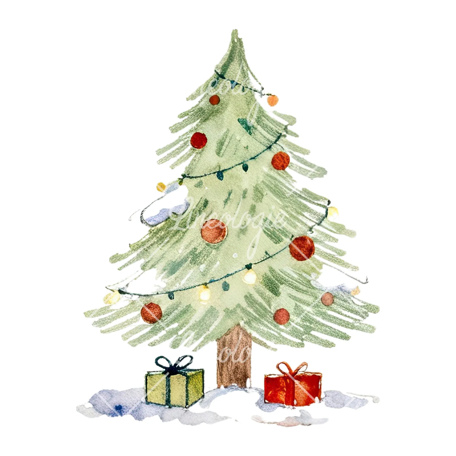 Watercolor Christmas tree with presents clipart 4 of 9 on a white background (JPG)