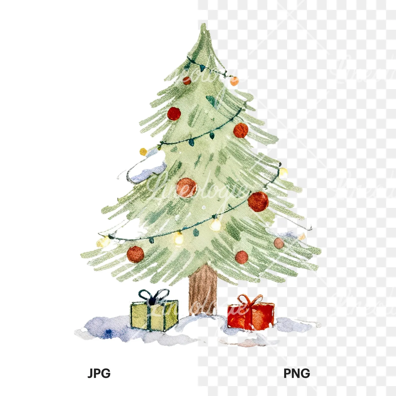 Watercolor Christmas tree with presents clipart 4 of 9, as a JPG on white and a transparent PNG