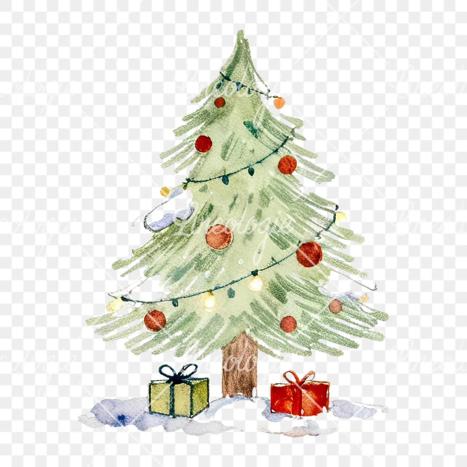 Watercolor Christmas tree with presents clipart 4 of 9 on a transparent background (PNG)