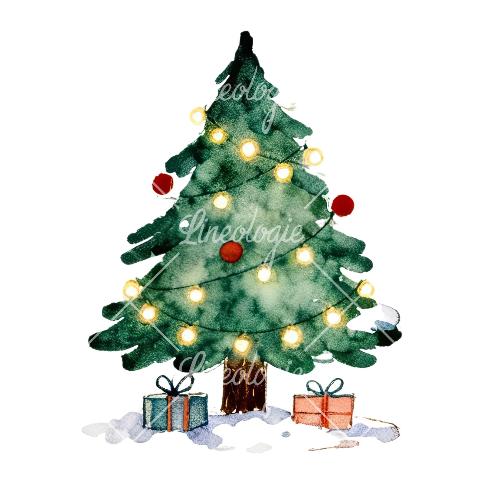 Watercolor Christmas tree with presents clipart 5 of 9 on a white background (JPG)