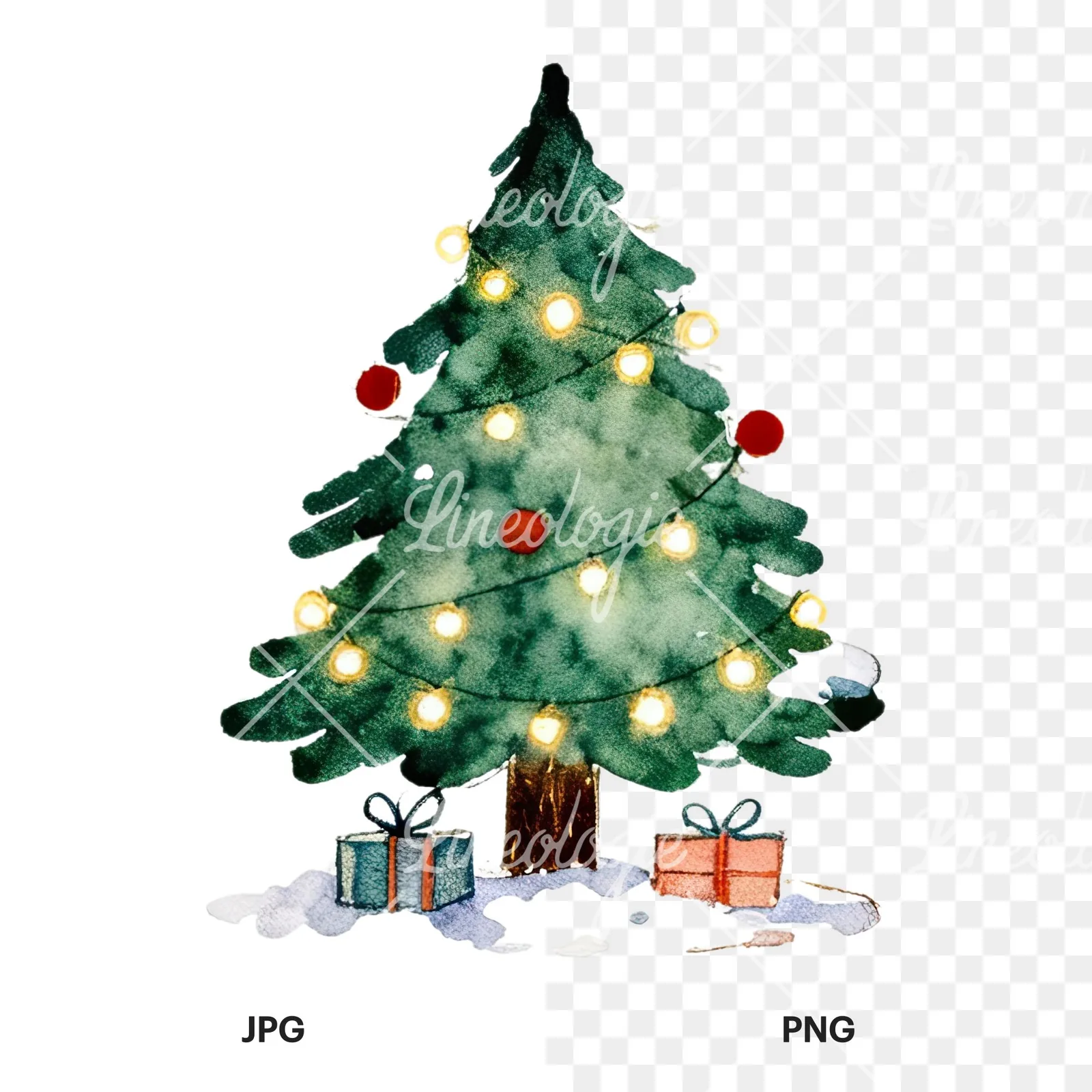 Watercolor Christmas tree with presents clipart 5 of 9, as a JPG on white and a transparent PNG