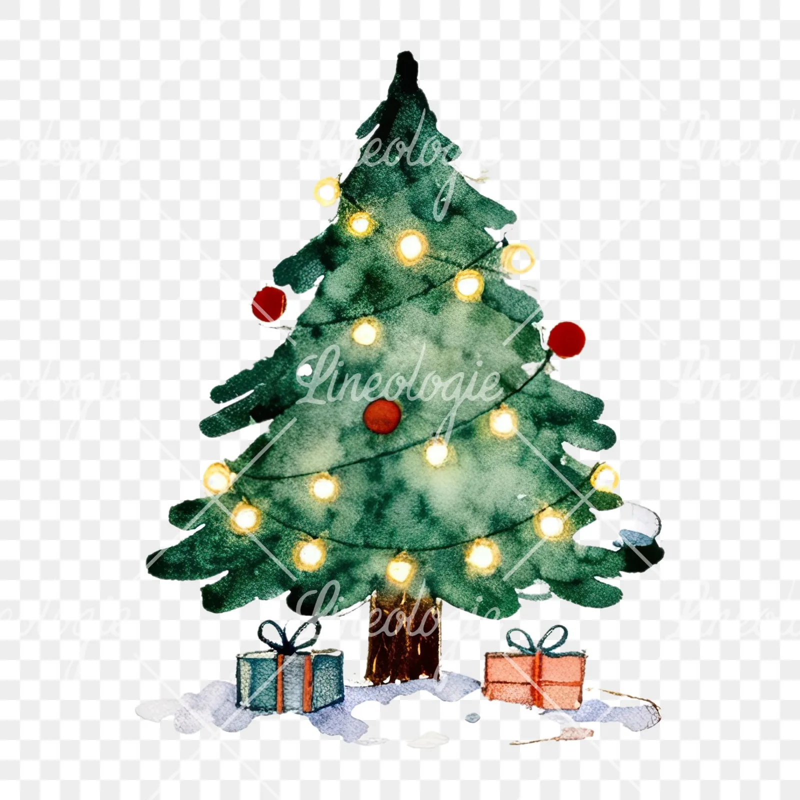 Watercolor Christmas tree with presents clipart 5 of 9 on a transparent background (PNG)