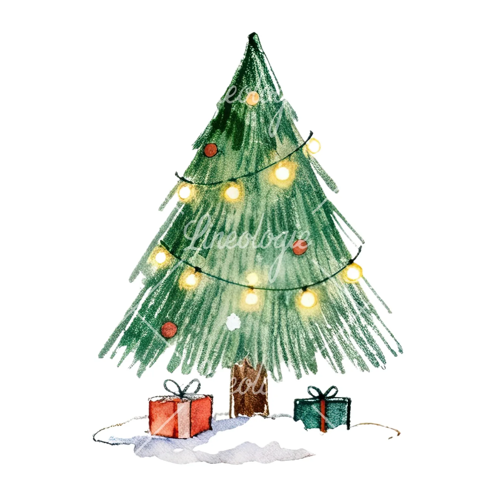 Watercolor Christmas tree with presents clipart 6 of 9 on a white background (JPG)