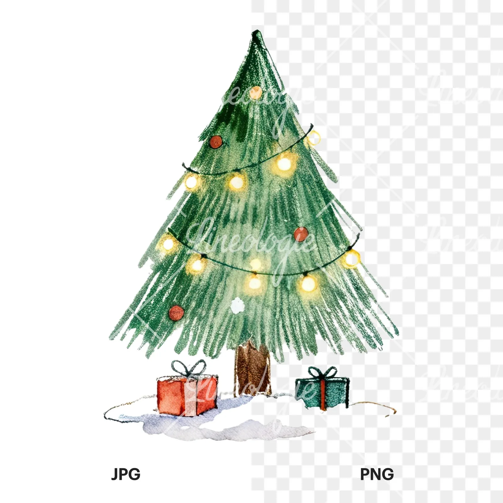 Watercolor Christmas tree with presents clipart 6 of 9, as a JPG on white and a transparent PNG