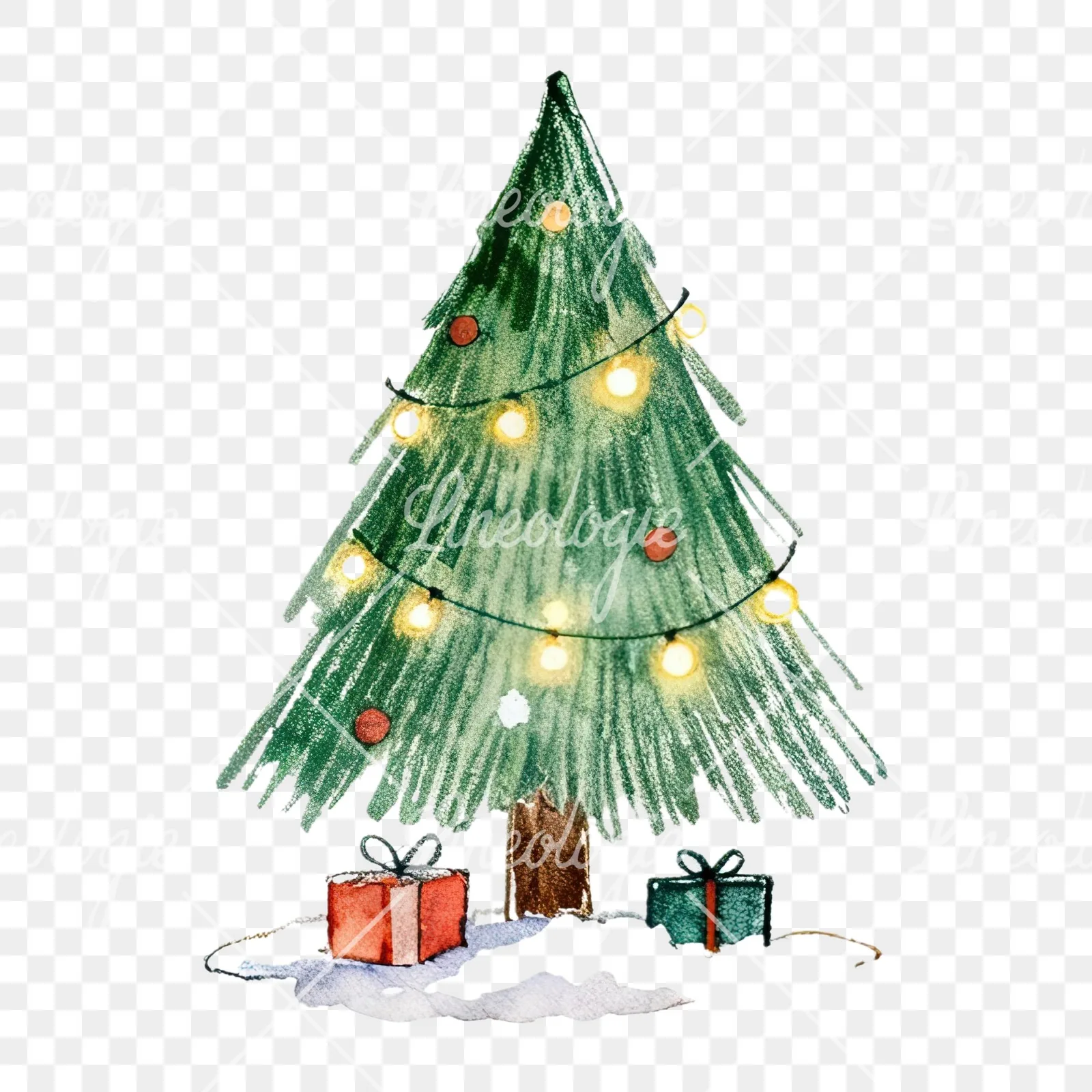 Watercolor Christmas tree with presents clipart 6 of 9 on a transparent background (PNG)