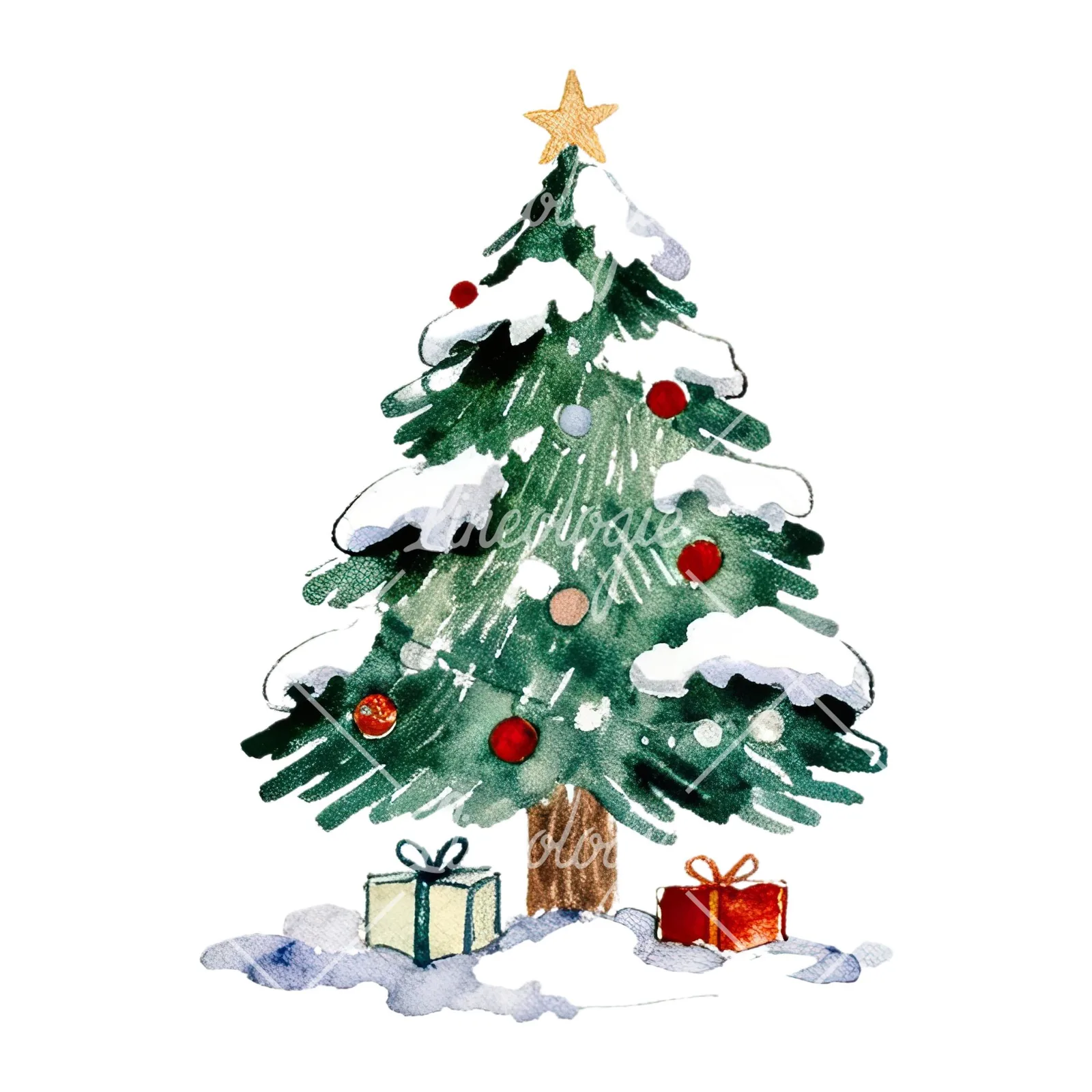 Watercolor Christmas tree with presents clipart 7 of 9 on a white background (JPG)