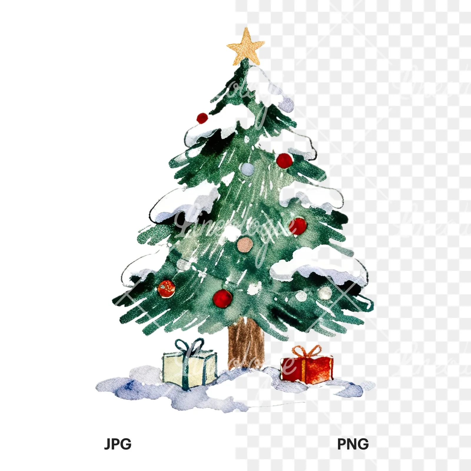 Watercolor Christmas tree with presents clipart 7 of 9, as a JPG on white and a transparent PNG