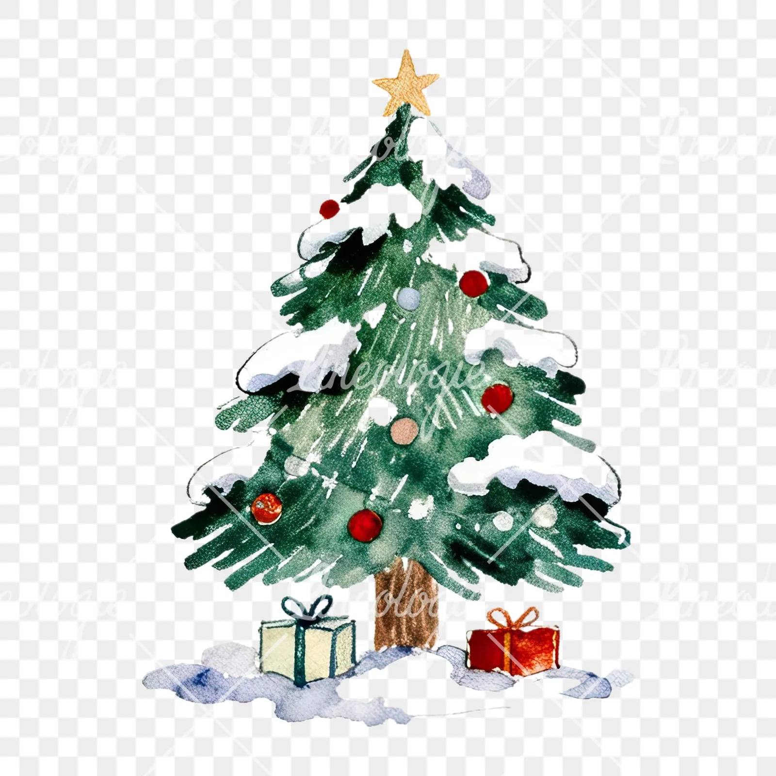 Watercolor Christmas tree with presents clipart 7 of 9 on a transparent background (PNG)