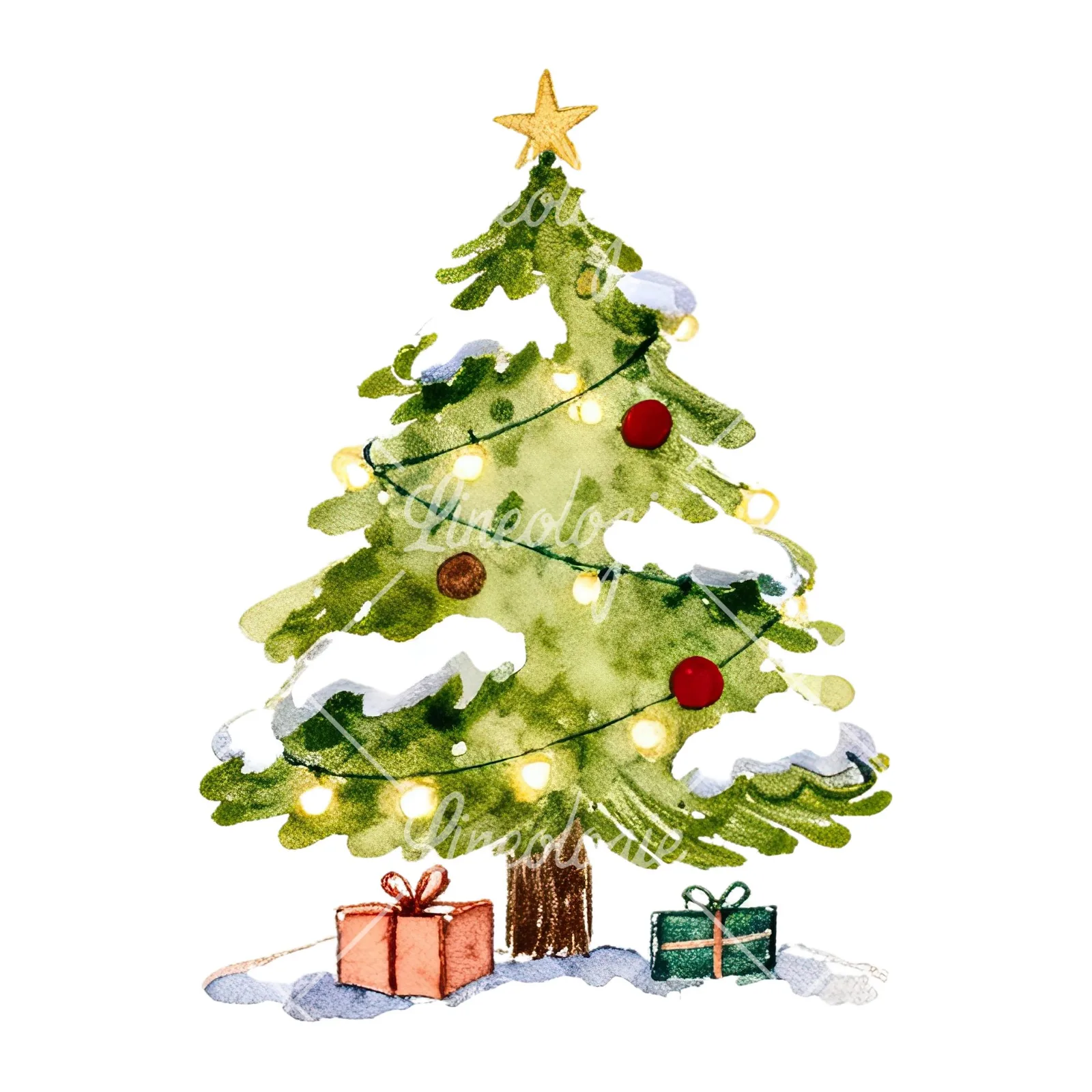 Watercolor Christmas tree with presents clipart 8 of 9 on a white background (JPG)