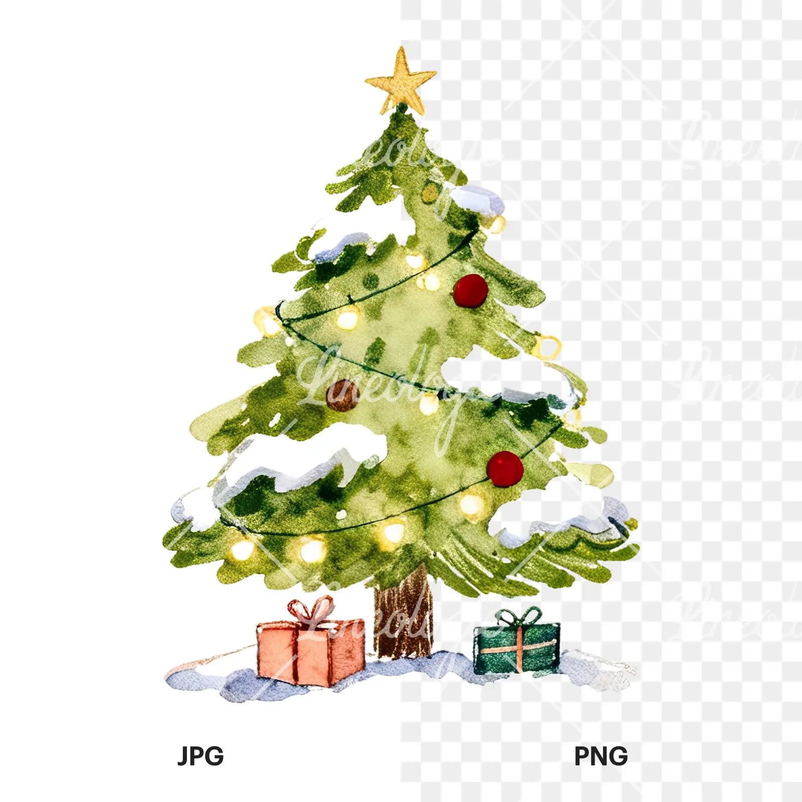 Watercolor Christmas tree with presents clipart 8 of 9, as a JPG on white and a transparent PNG