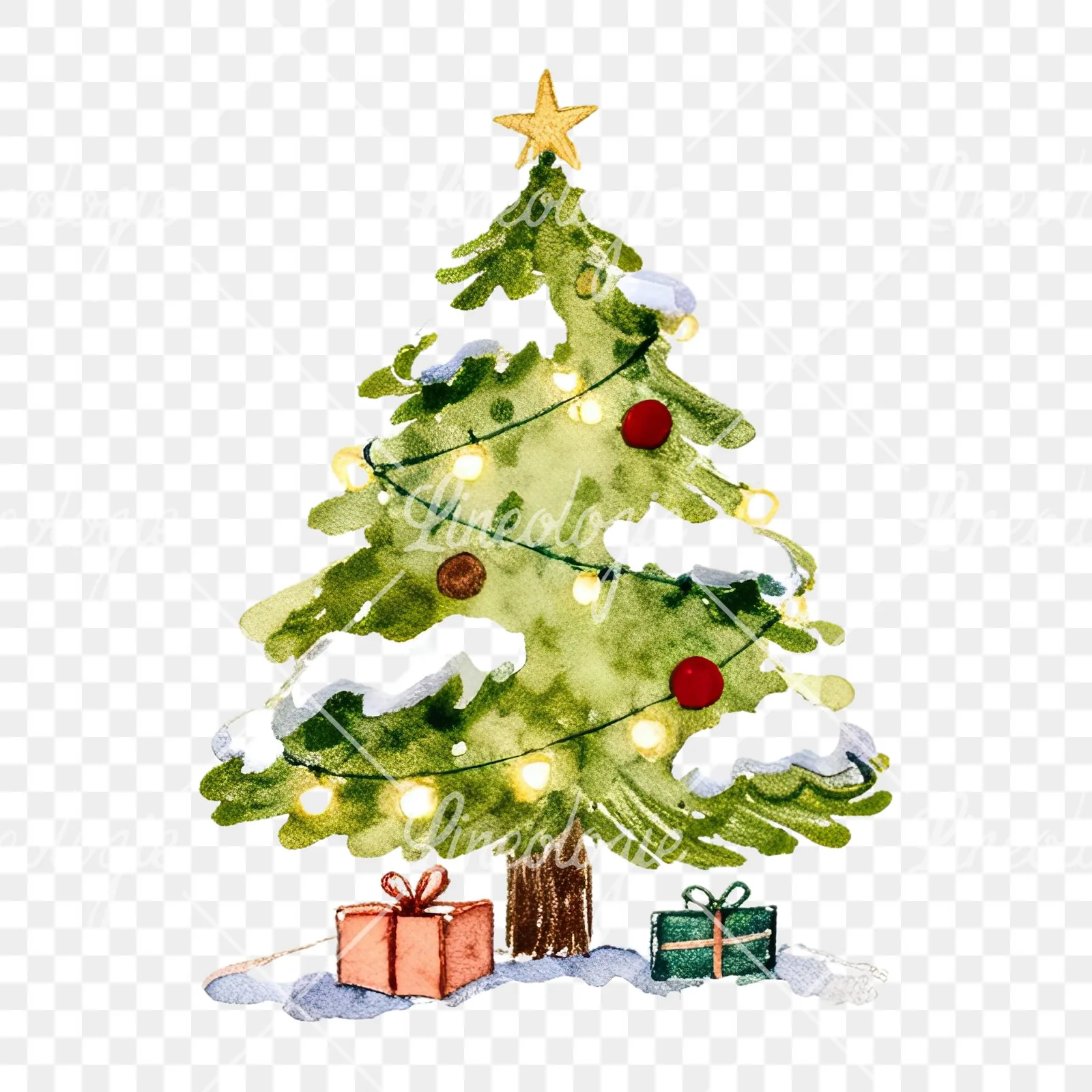 Watercolor Christmas tree with presents clipart 8 of 9 on a transparent background (PNG)