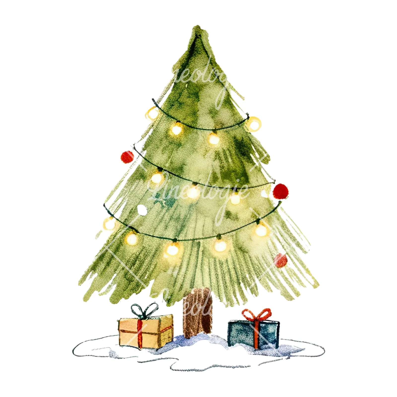 Watercolor Christmas tree with presents clipart 9 of 9 on a white background (JPG)