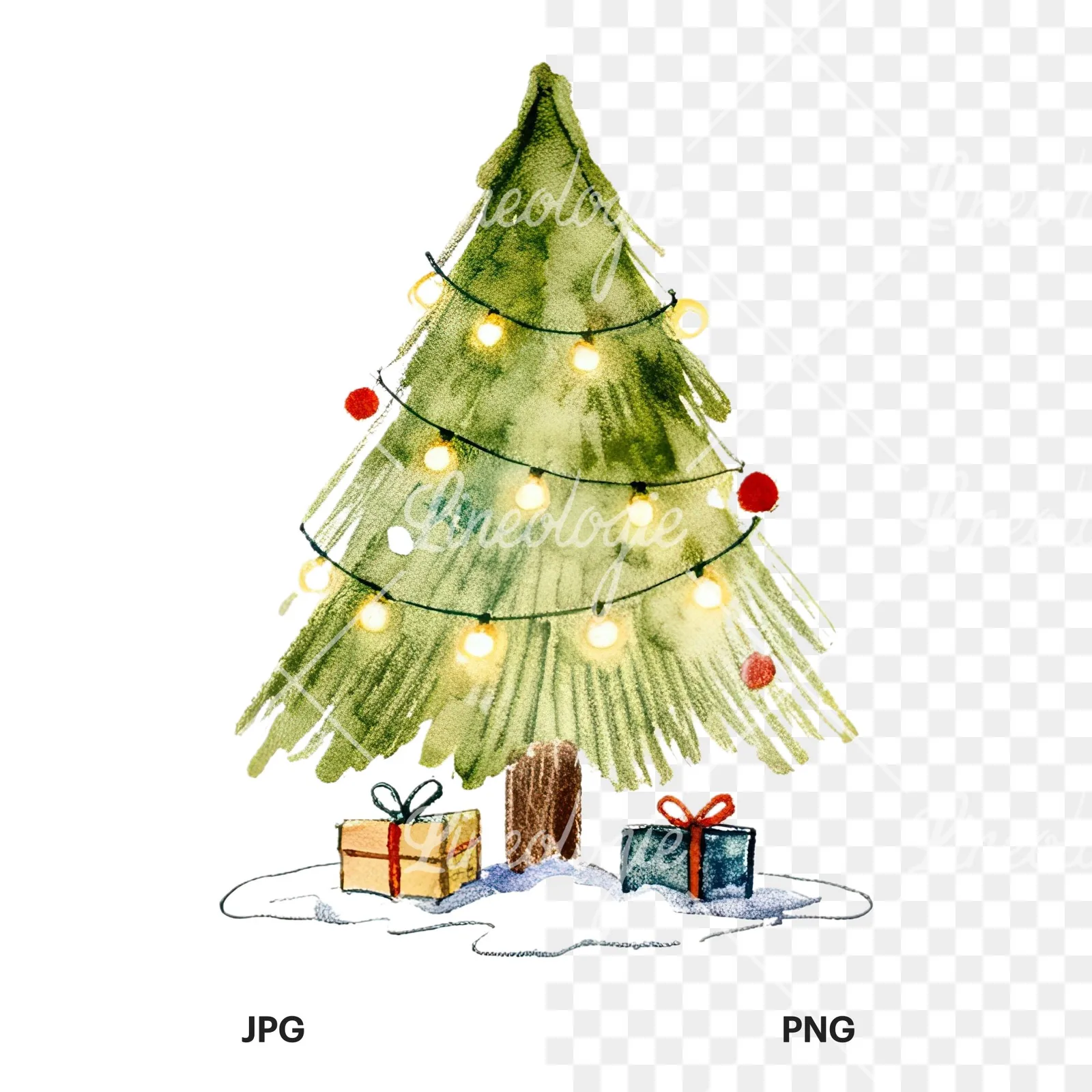 Watercolor Christmas tree with presents clipart 9 of 9, as a JPG on white and a transparent PNG