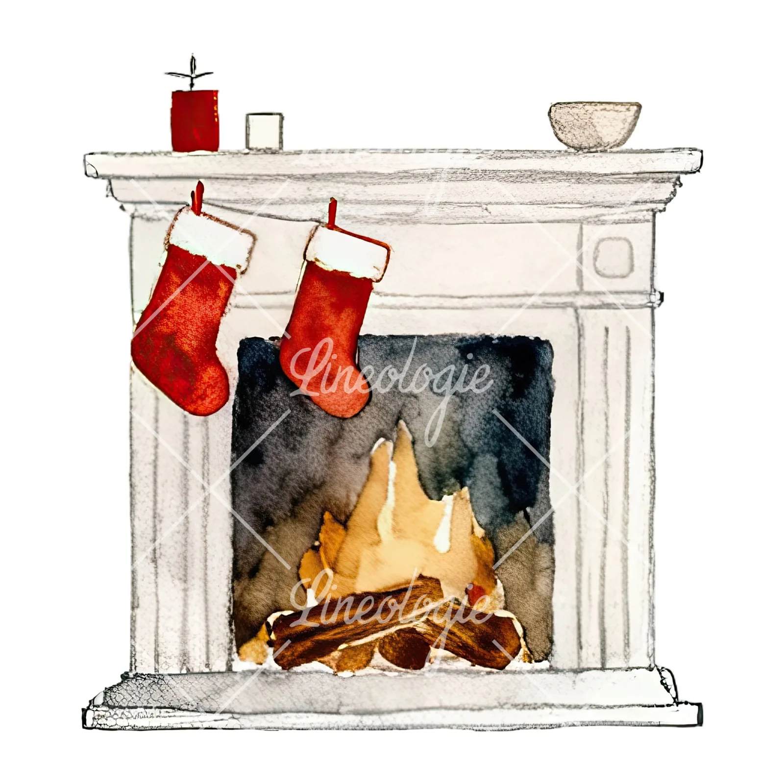 Watercolor fireplace with stockings clipart 1 of 9 on a white background (JPG)