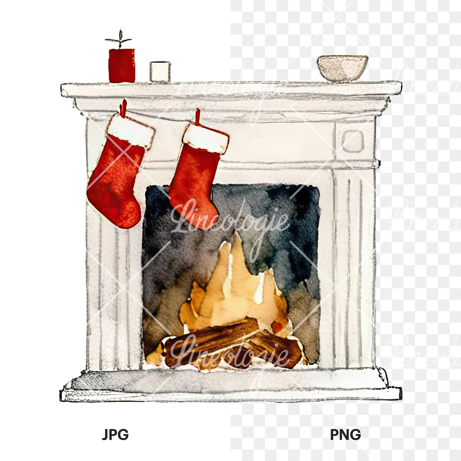 Watercolor fireplace with stockings clipart 1 of 9, as a JPG on white and a transparent PNG