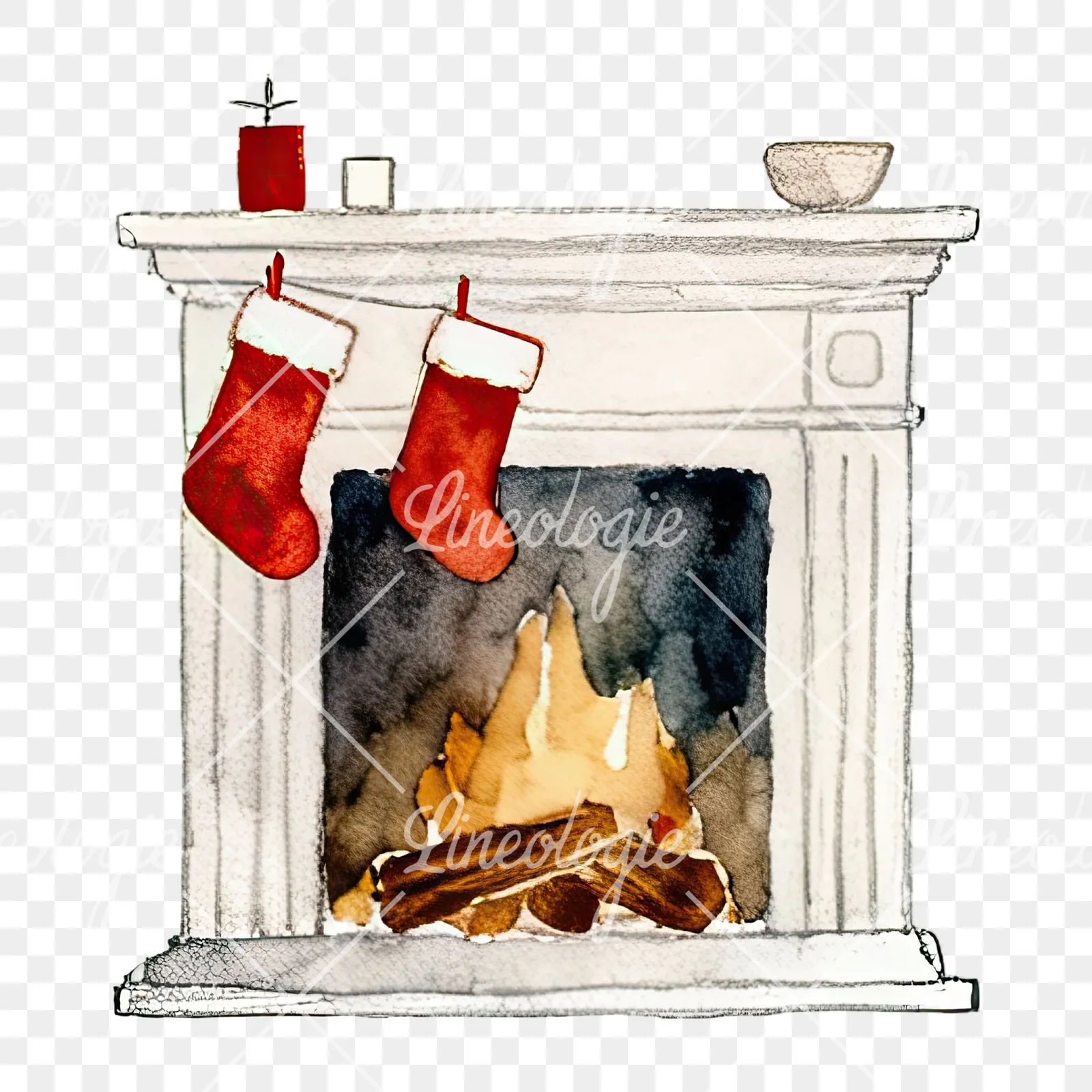Watercolor fireplace with stockings clipart 1 of 9 on a transparent background (PNG)
