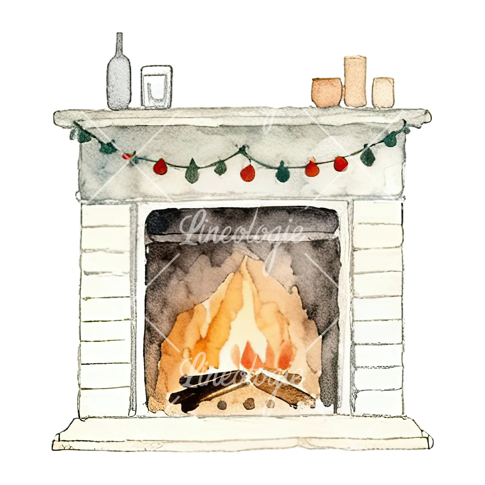 Watercolor fireplace with stockings clipart 2 of 9 on a white background (JPG)