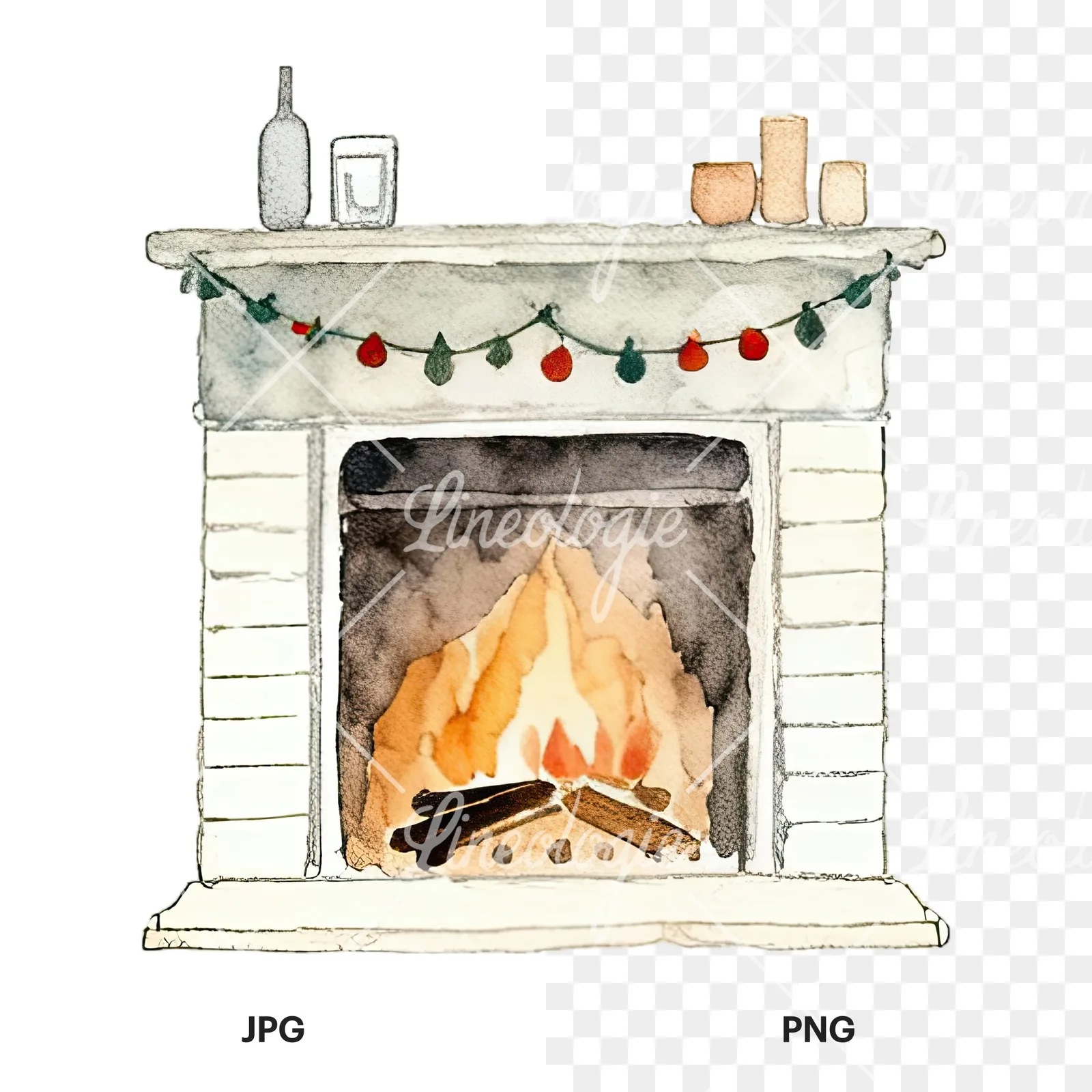 Watercolor fireplace with stockings clipart 2 of 9, as a JPG on white and a transparent PNG
